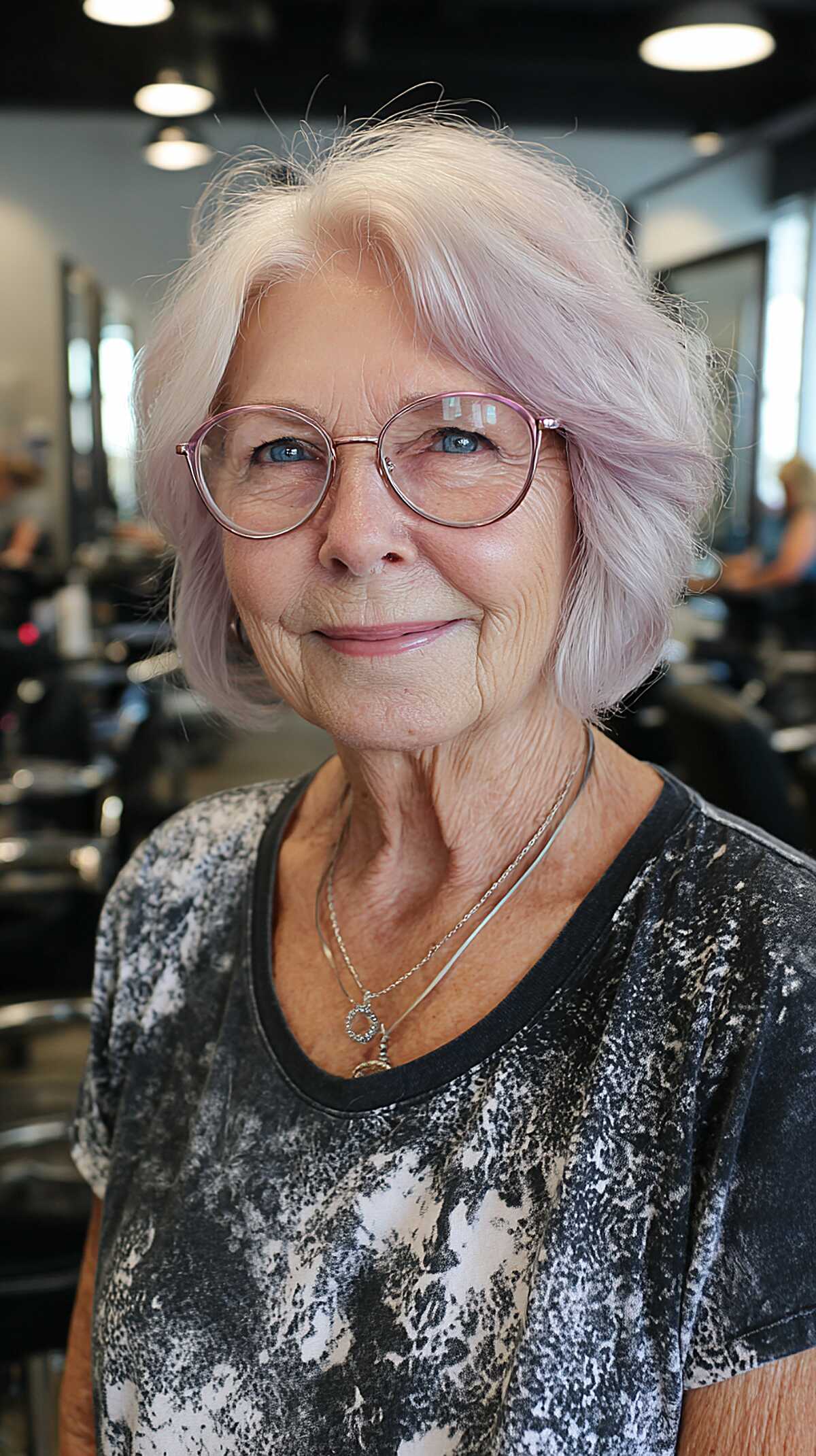 Lavender-tinted white shaggy bob with glasses