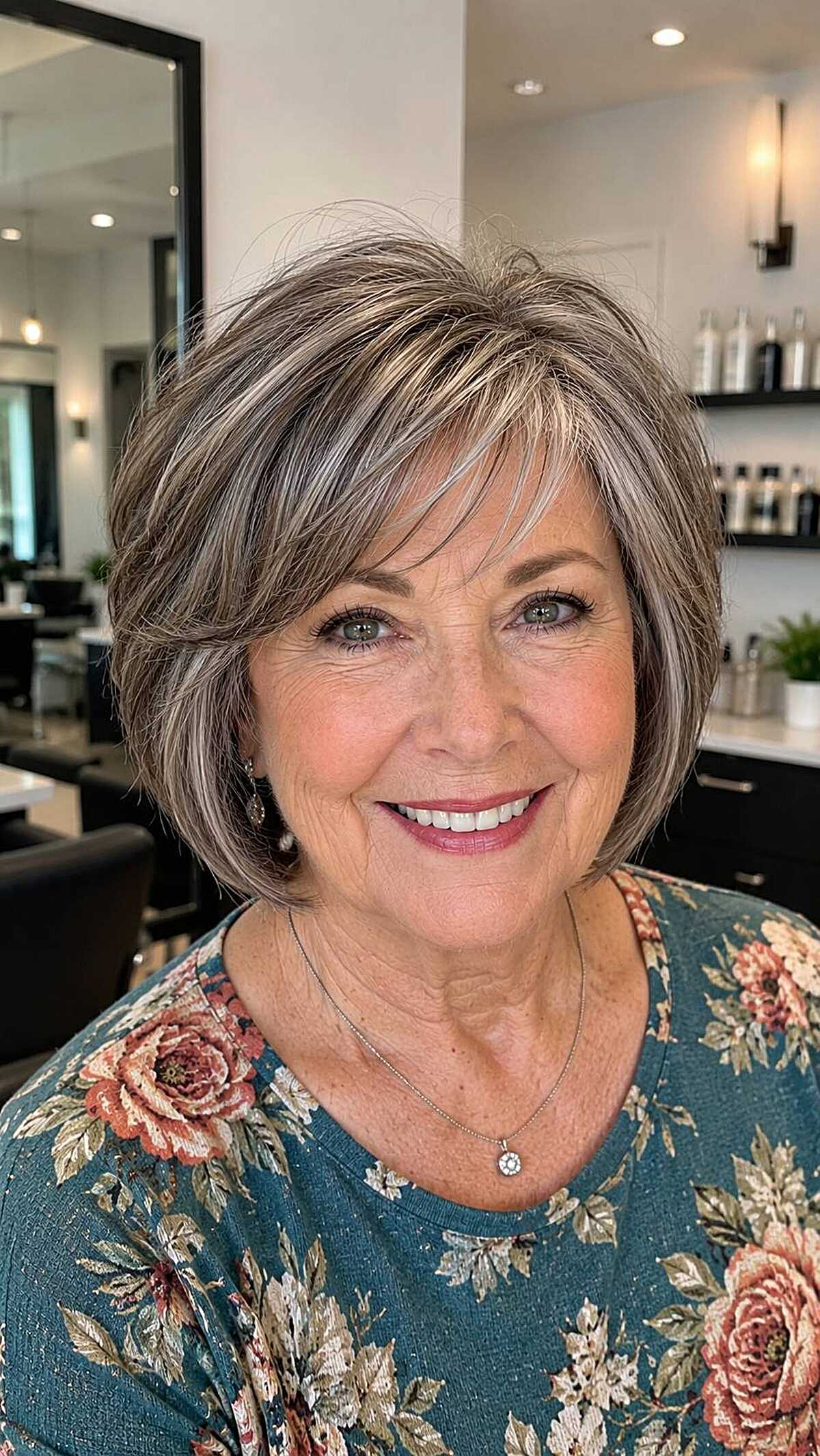 Salt and pepper shaggy bob with wispy side-swept fringe