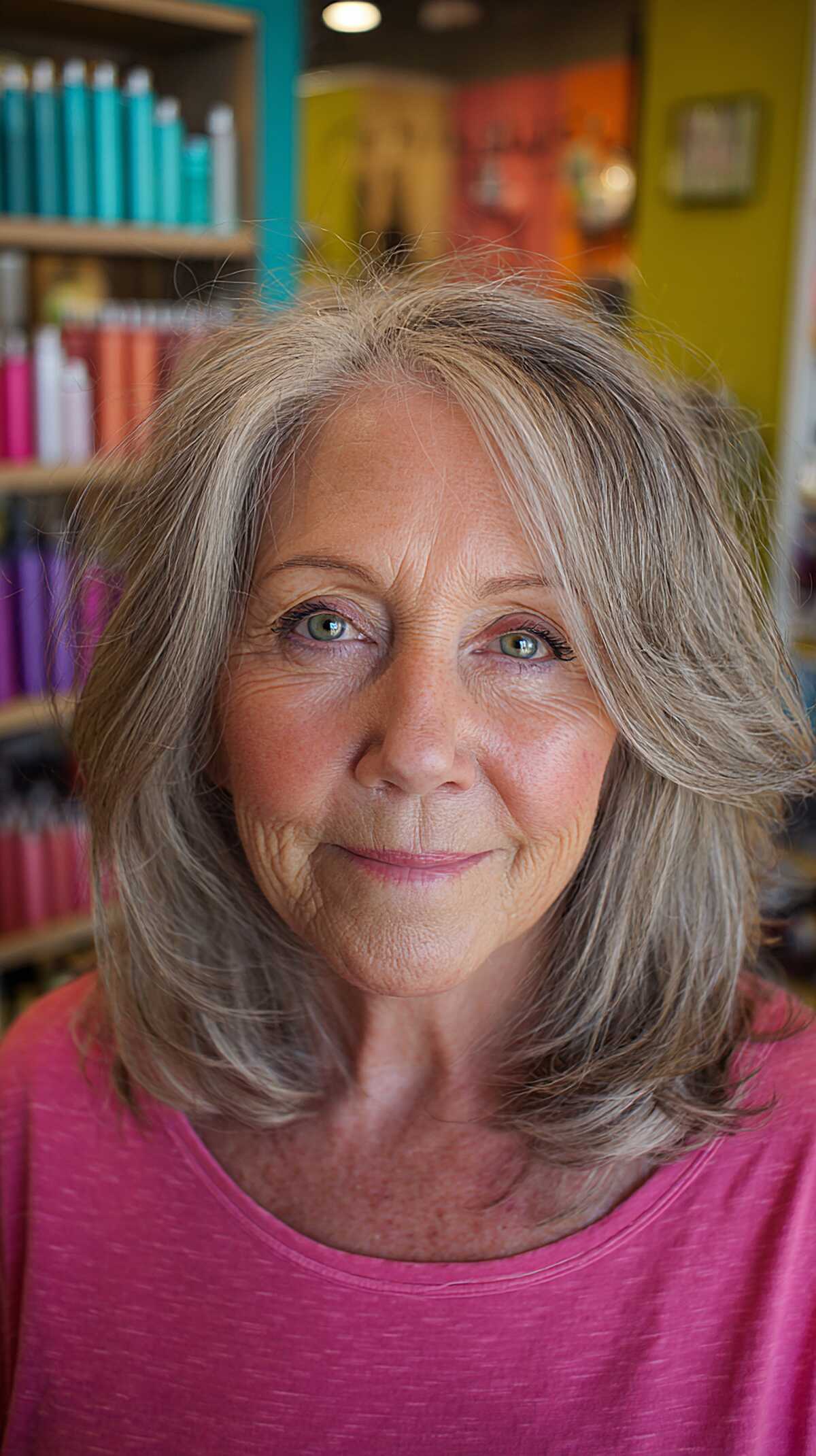 Silver-streaked shoulder-length shaggy bob with layers