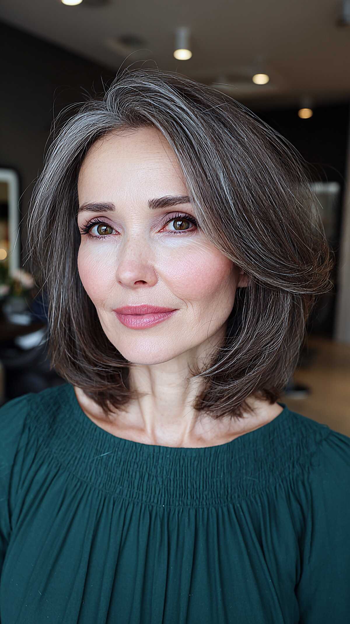 Dark bob with natural silver streaks and deep side part