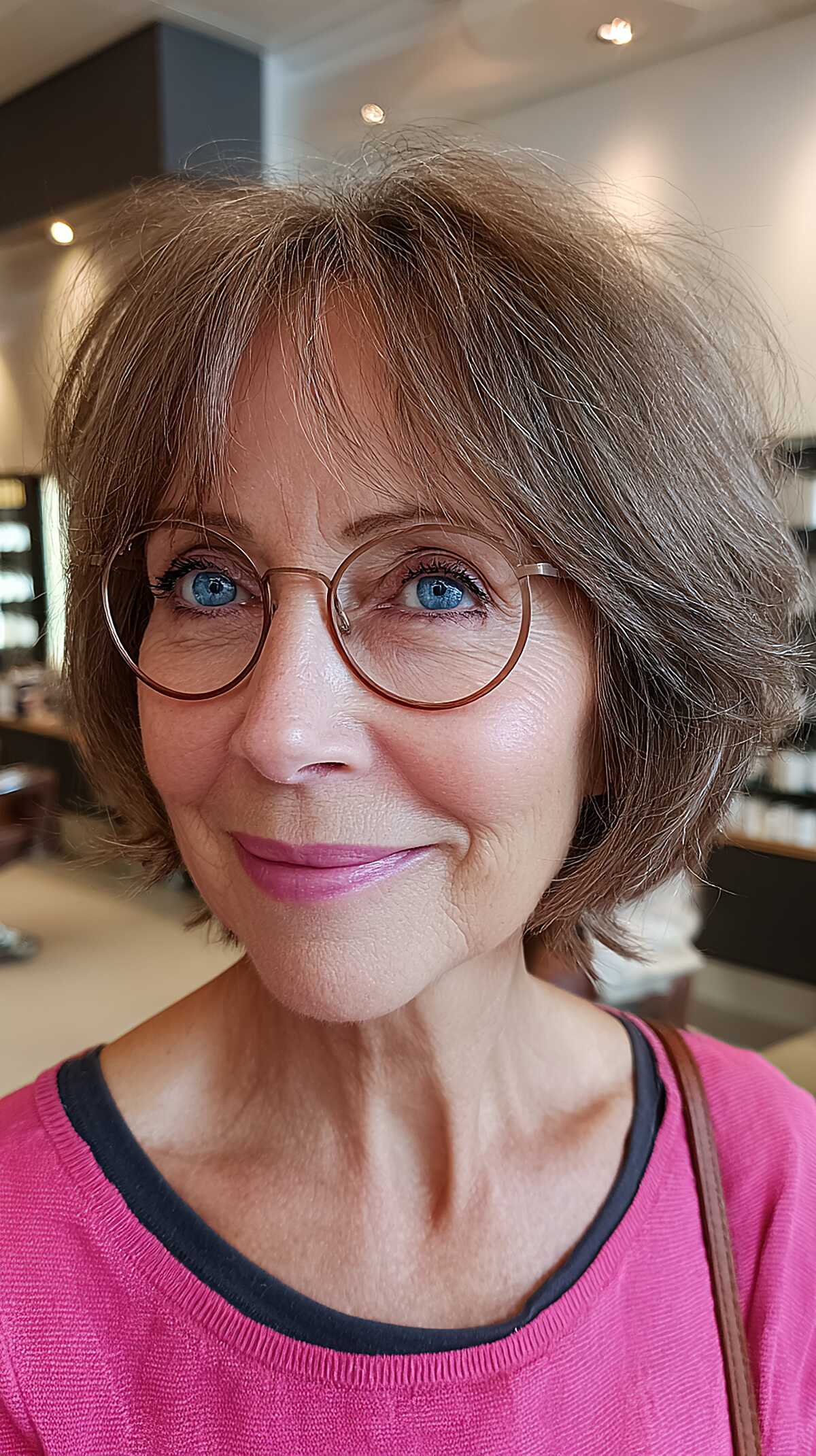Soft brunette shaggy bob on fine hair with glasses