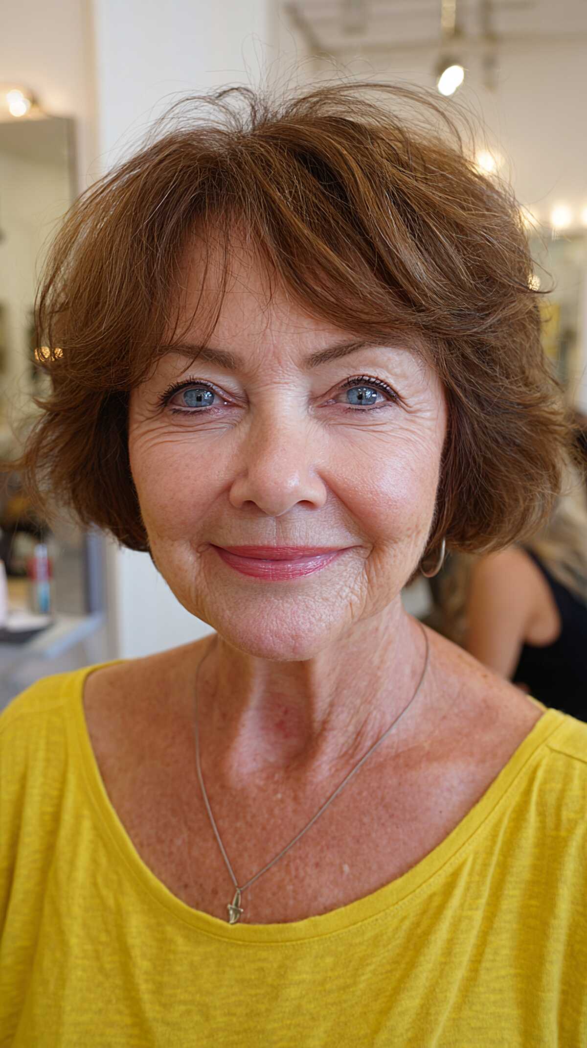 Warm brown short shaggy bob with feathered crown