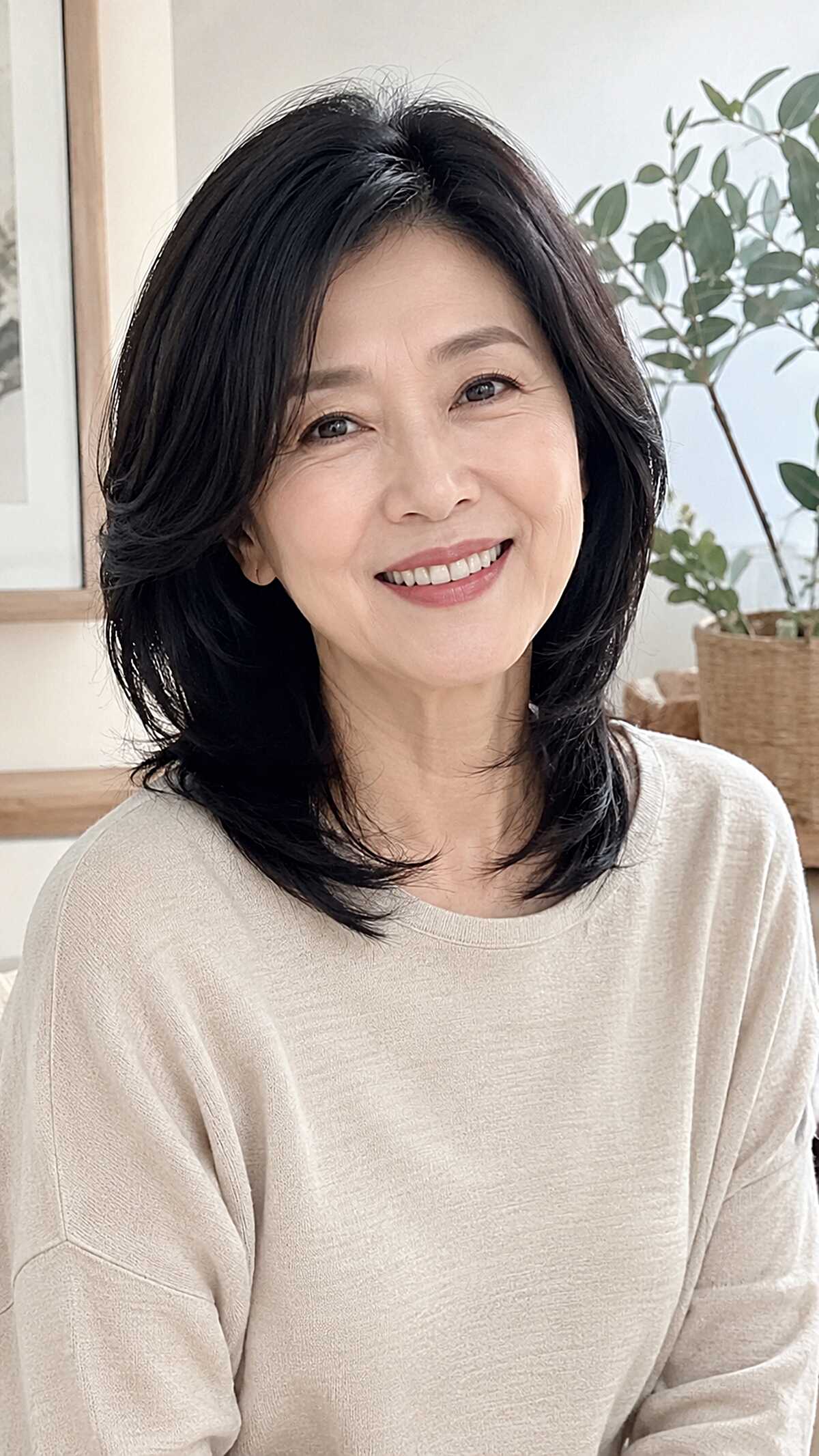 Shoulder-Length Black Layers with Feathered Face Frame