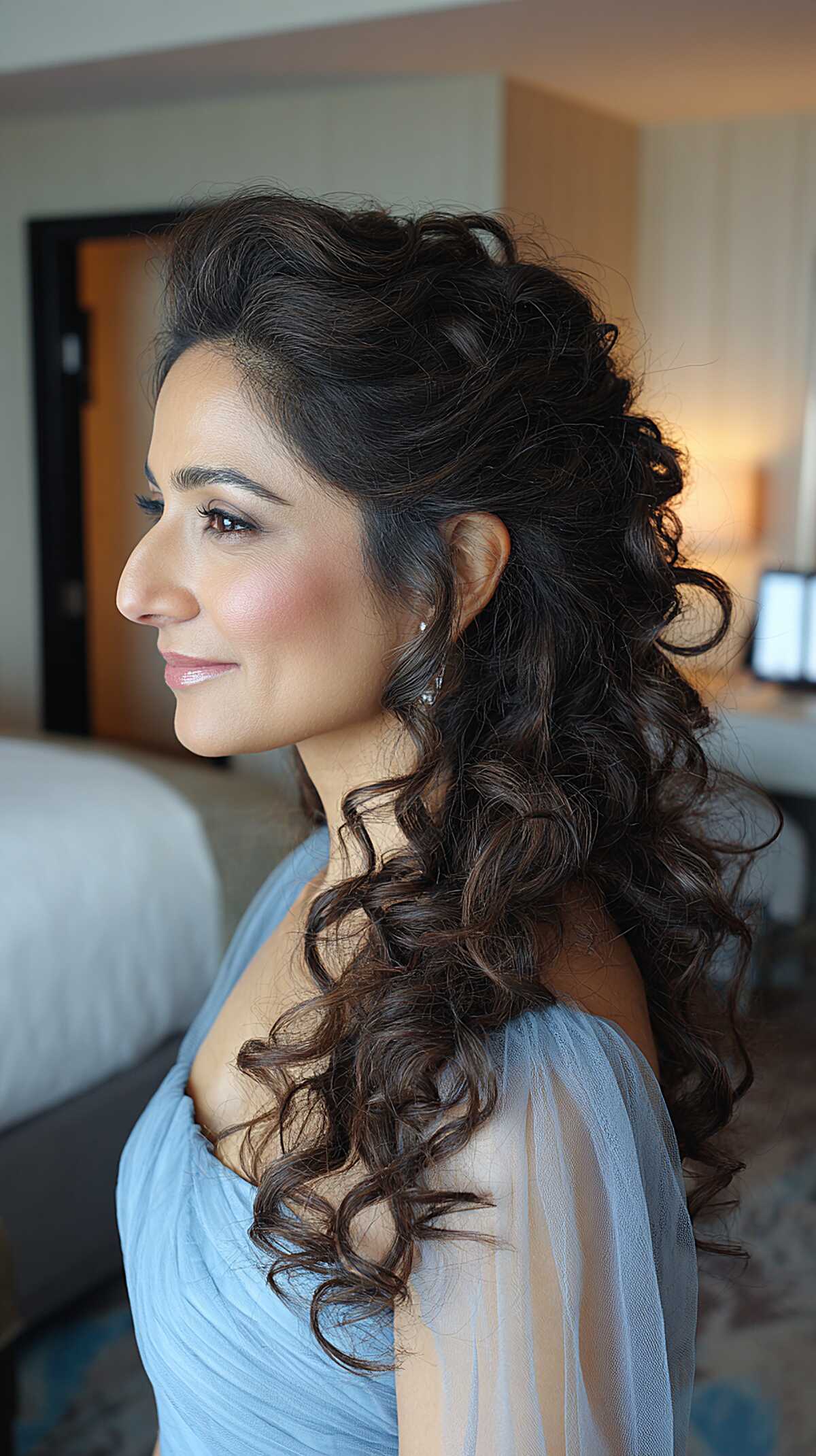 Side-Swept Curly Half-Up with Natural Volume at the Crown