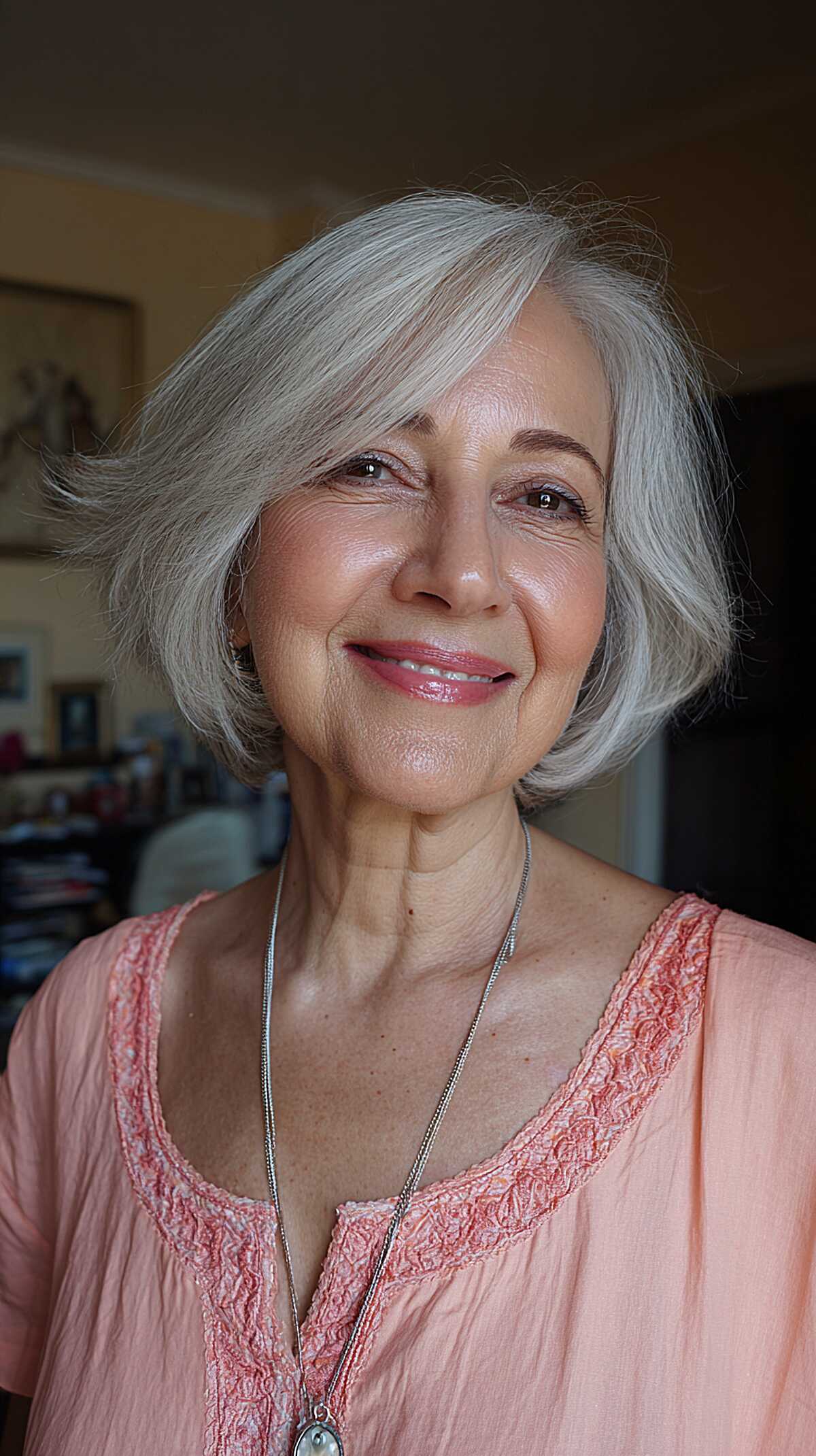 Silver Gray Chin Bob with Loose Side Part