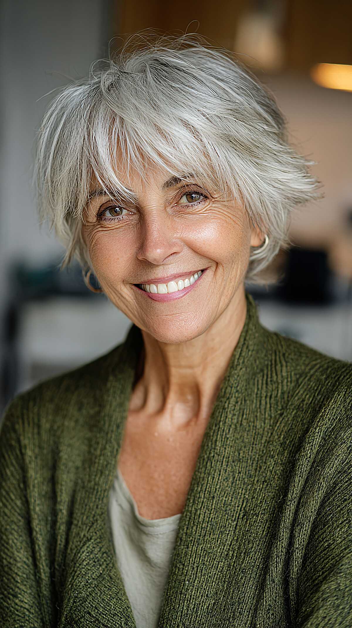 Silver White Shaggy Crop with Razored Bangs
