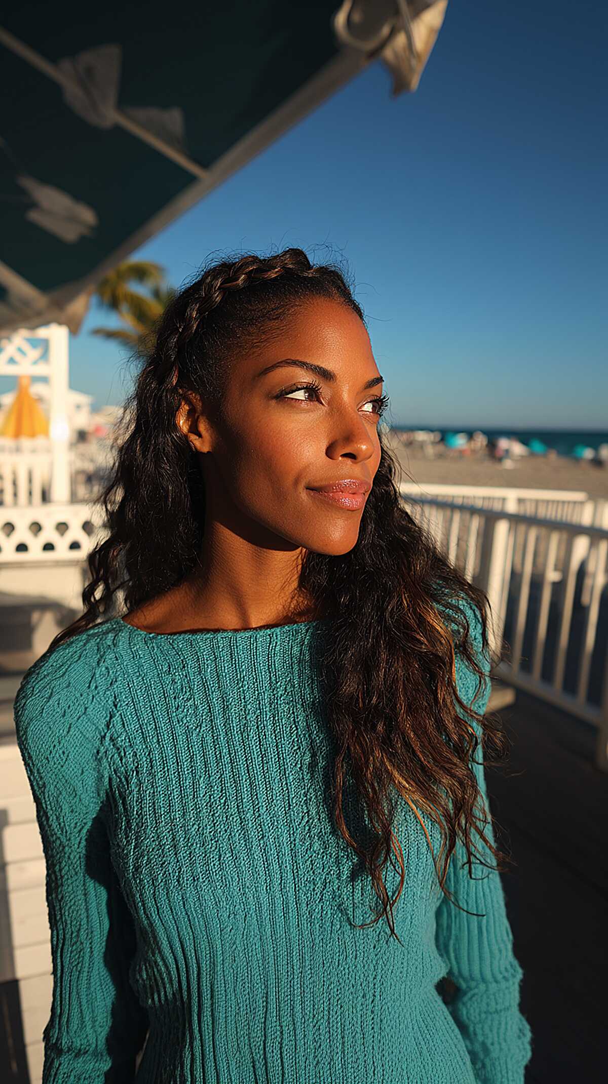 Single French Braid Accent Swept Back Over Long Natural Curly Texture
