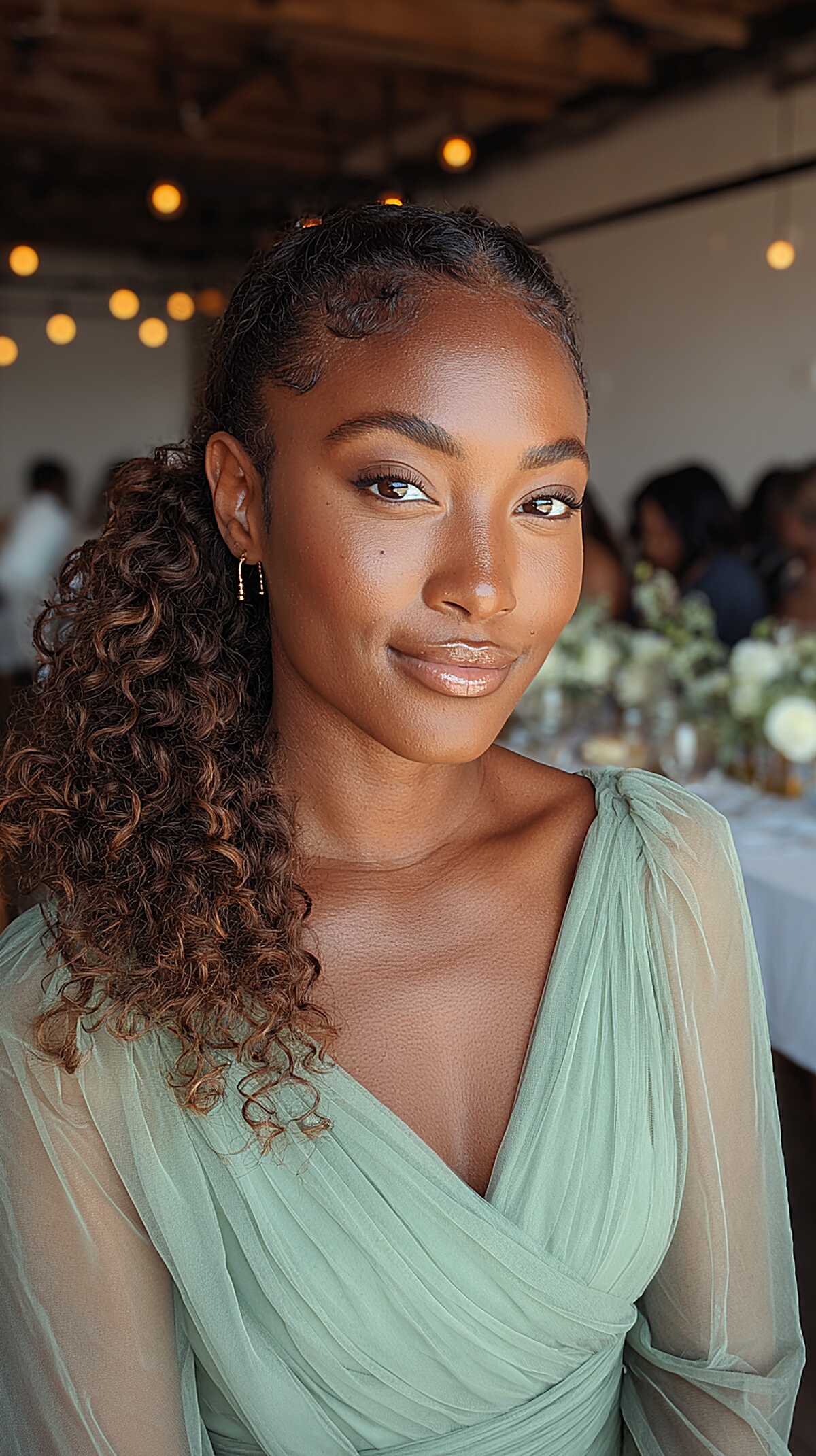 Slicked Edges Into a Side-Falling Curly Ponytail with Warm Brown Ends