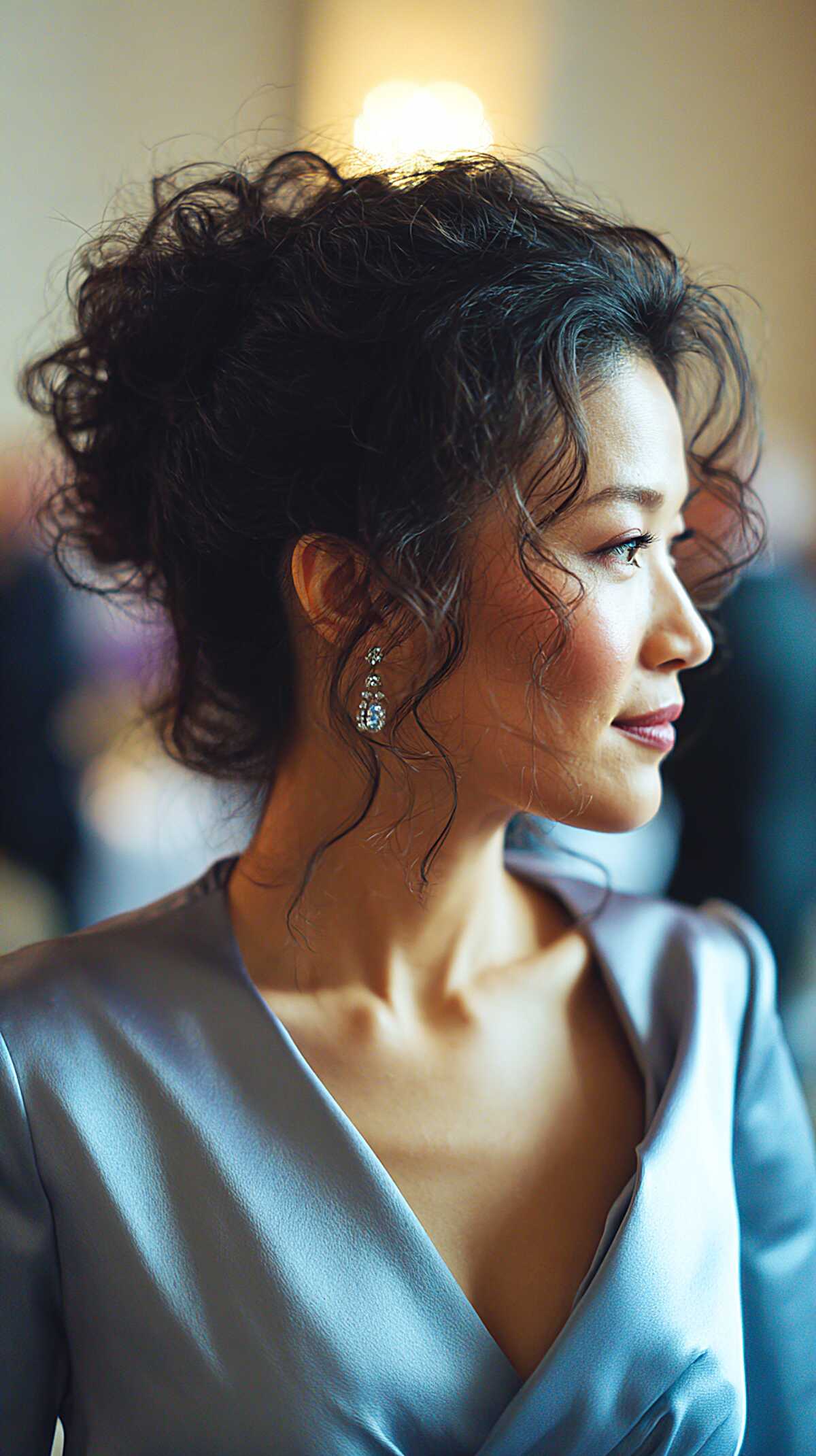 Soft Curly Updo with Unfussy Pulled Pieces at the Temples
