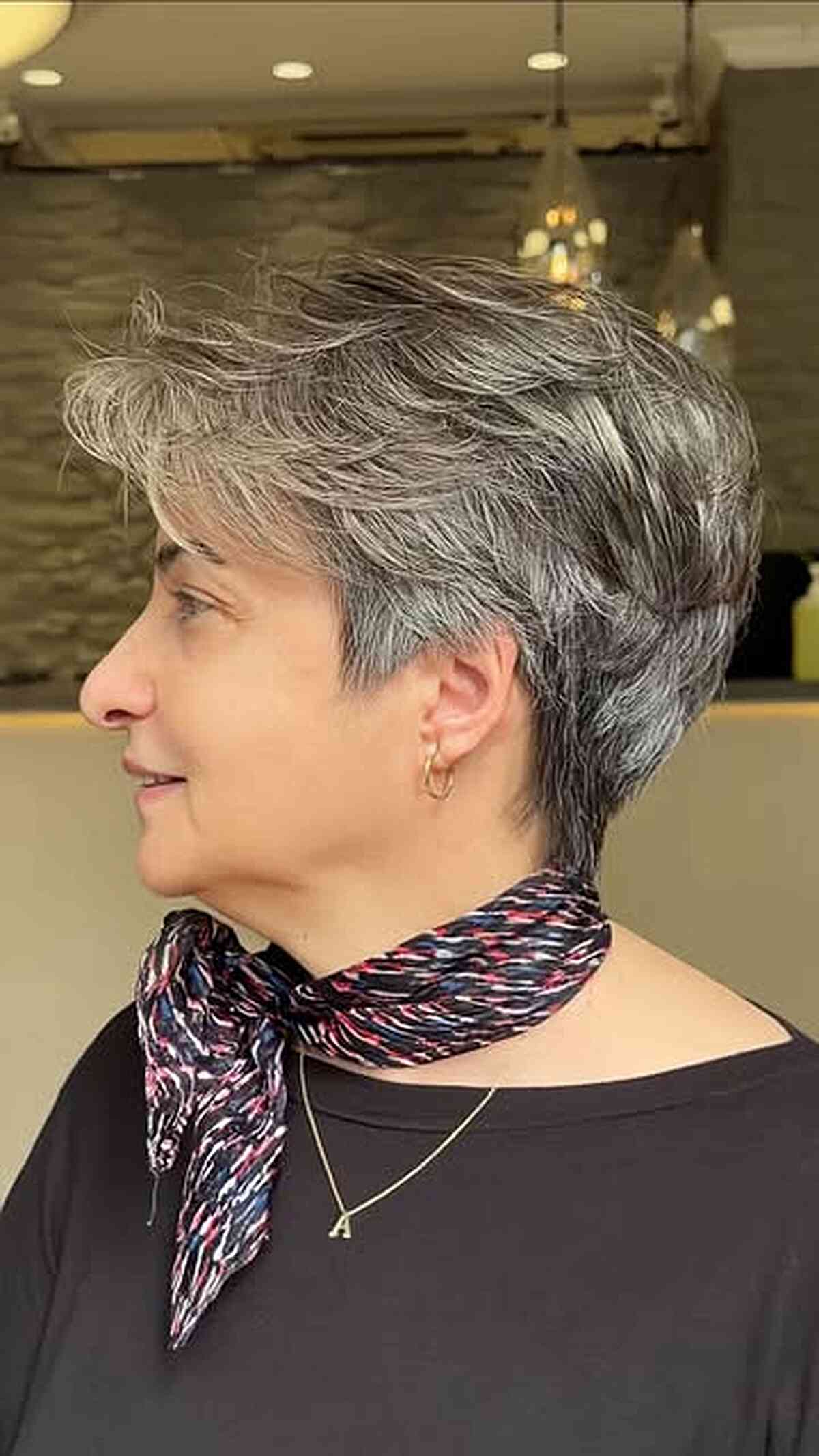 Stylish Feathered Gray Pixie Cut