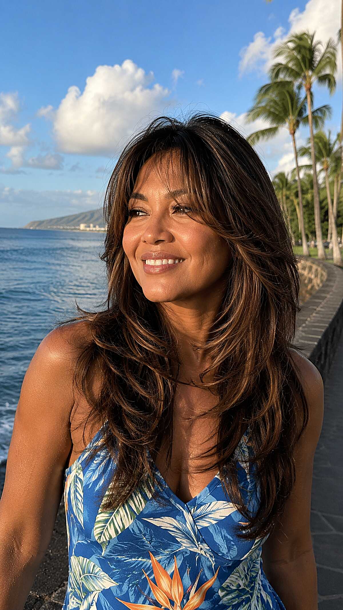 Sun-Warmed Brunette with Layered Flip-Out Movement and Soft Bangs