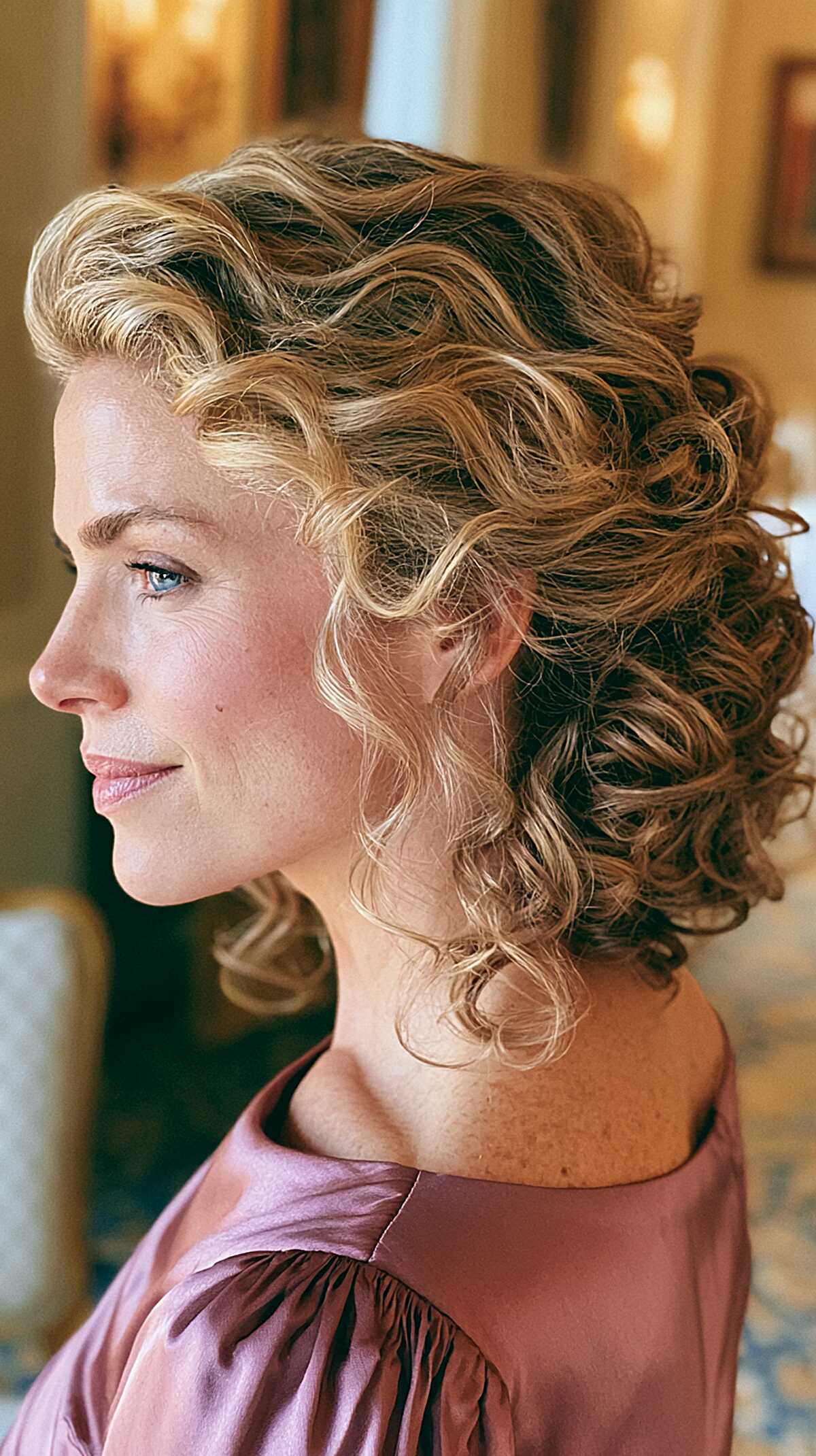 Swept-Up Curly Volume with Blonde Balayage on a Dark Root