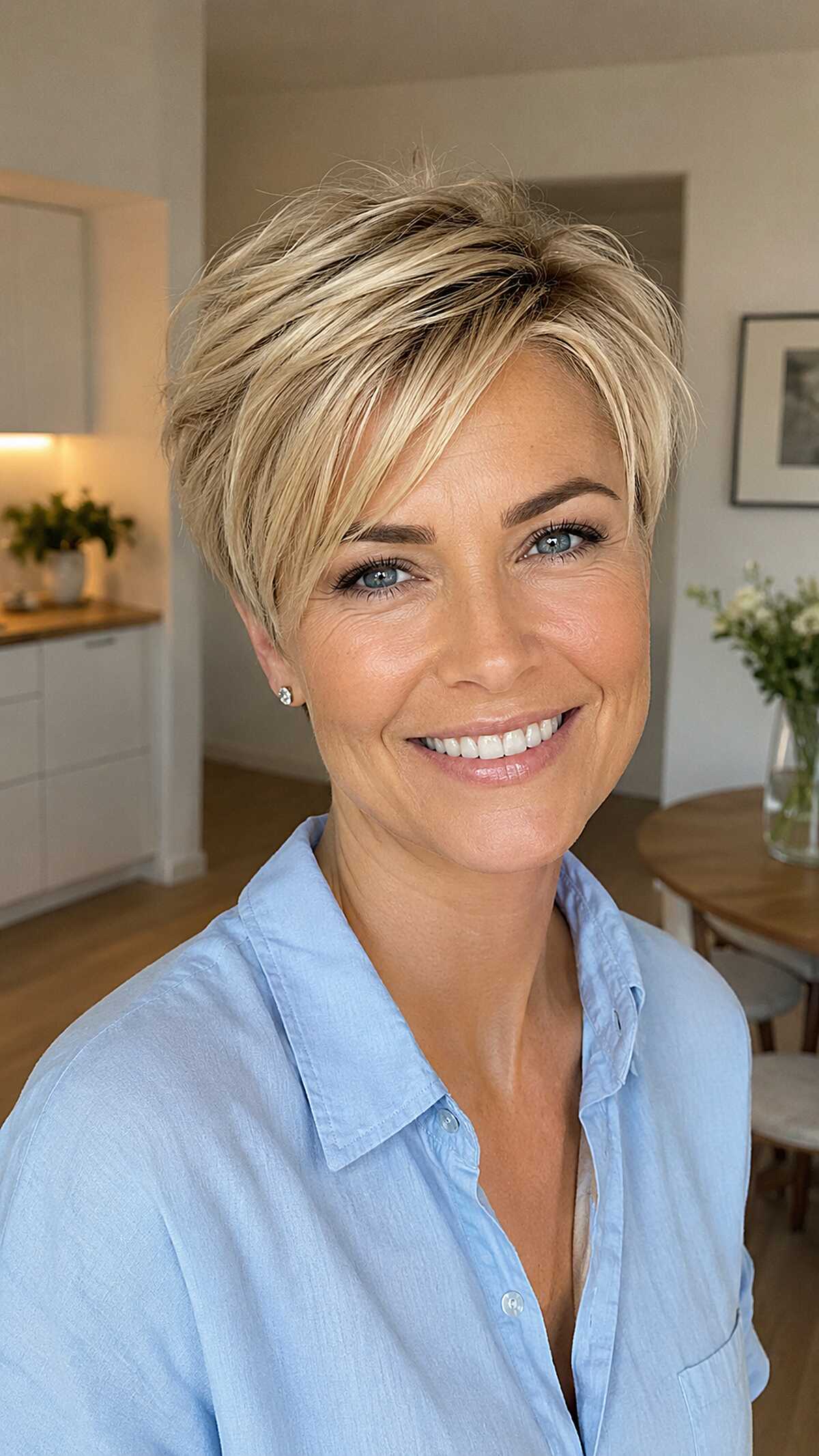 Textured Blonde Pixie with Swept Fringe