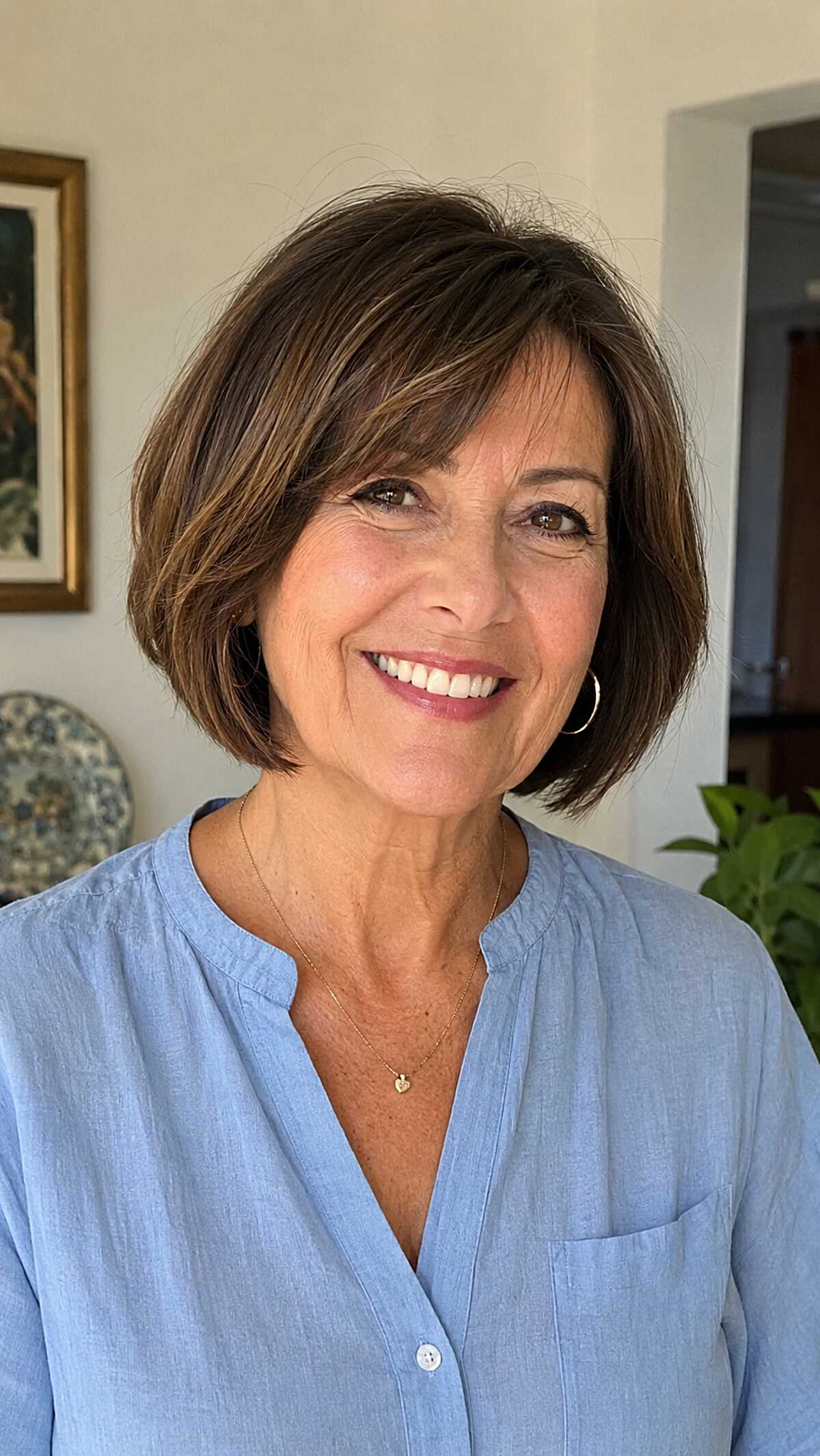 Textured Brunette Bob with Side-Swept Fringe