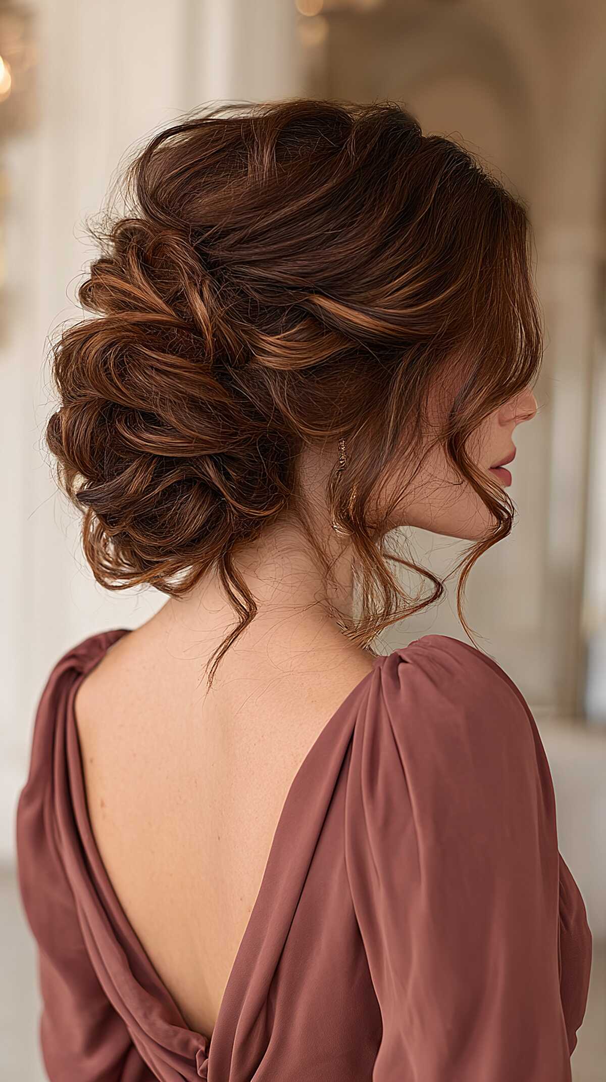 Textured Curly French Twist with Warm Auburn Threads