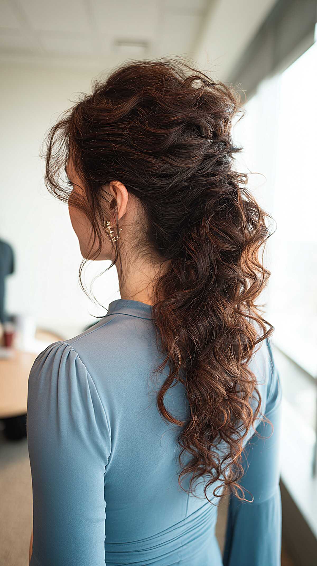 Textured Half-Gathered Curly Spill with Warm Chestnut Ends