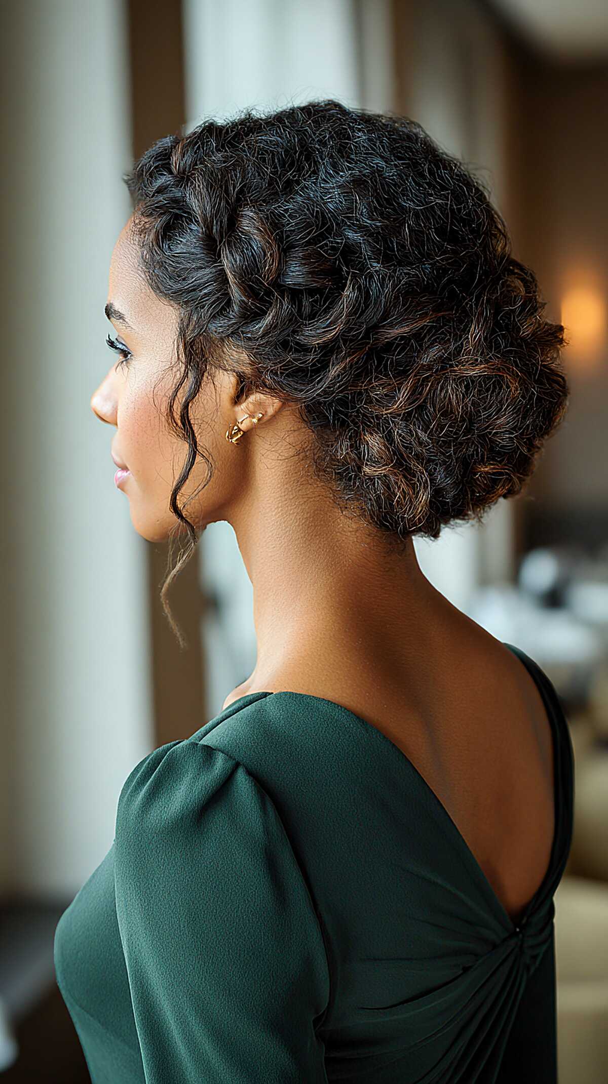 Tucked Curly Updo with a Single Loose Tendril at the Jaw