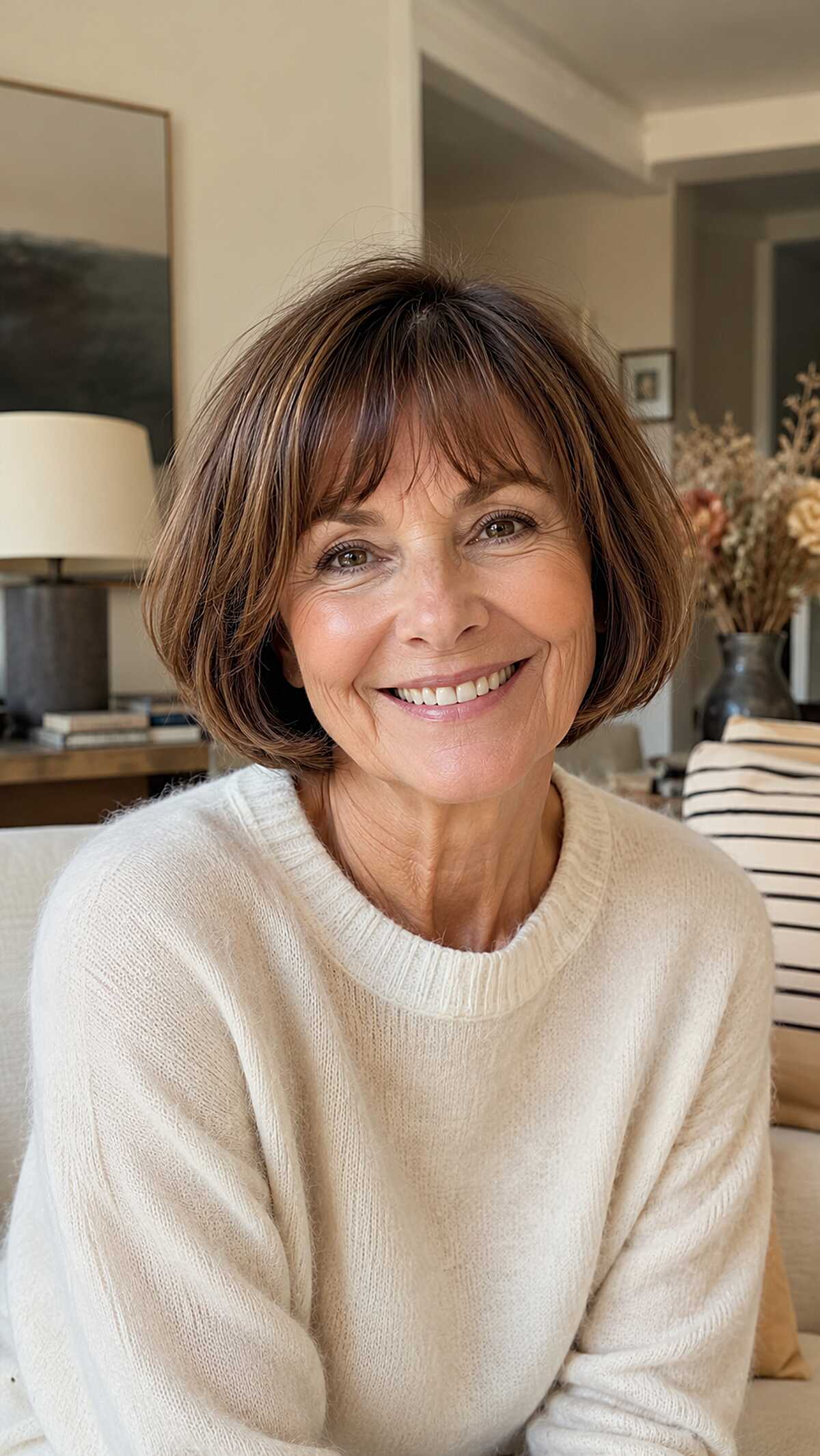 Warm Brunette Chin-Length Bob with Soft Bangs