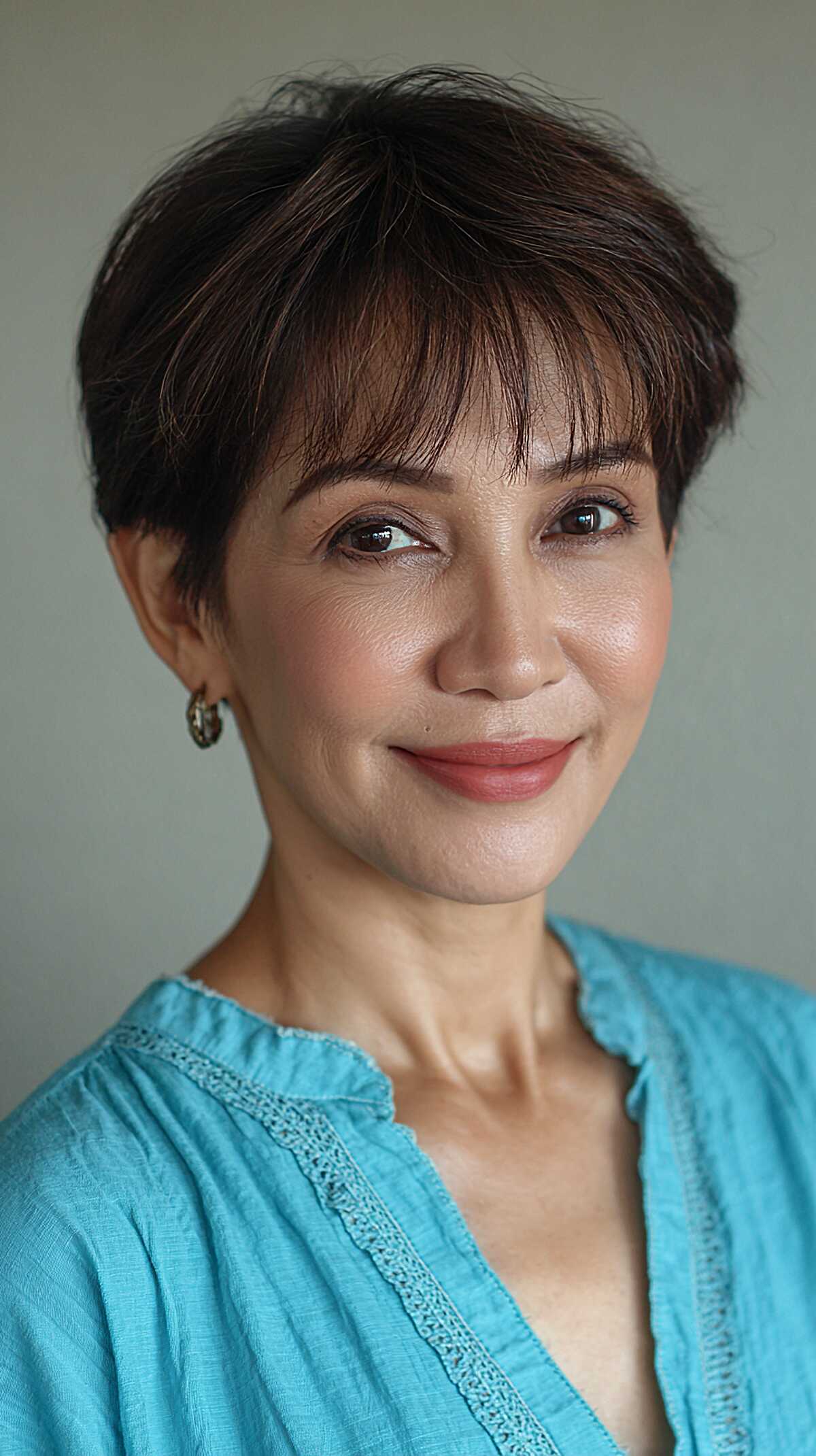 Warm Brunette Textured Pixie with Feathered Micro Bangs