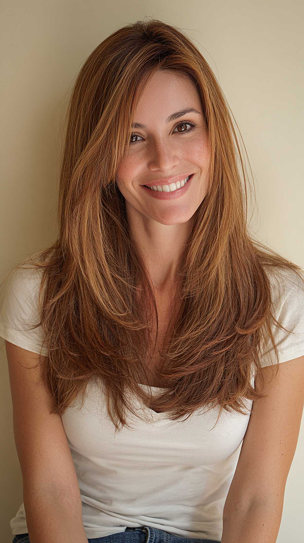 Warm Copper Long Layers with Razored Texture