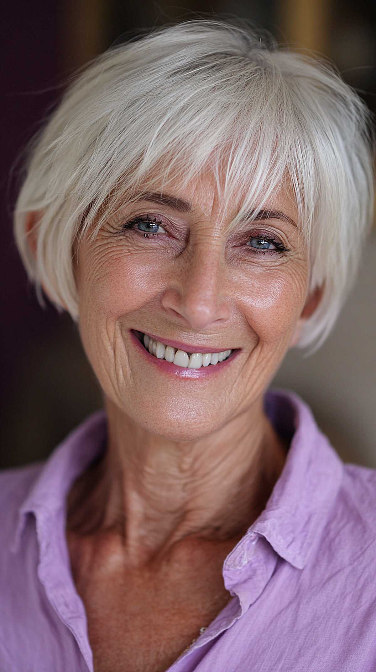 White Blonde Cropped Bob with Wispy Angled Fringe