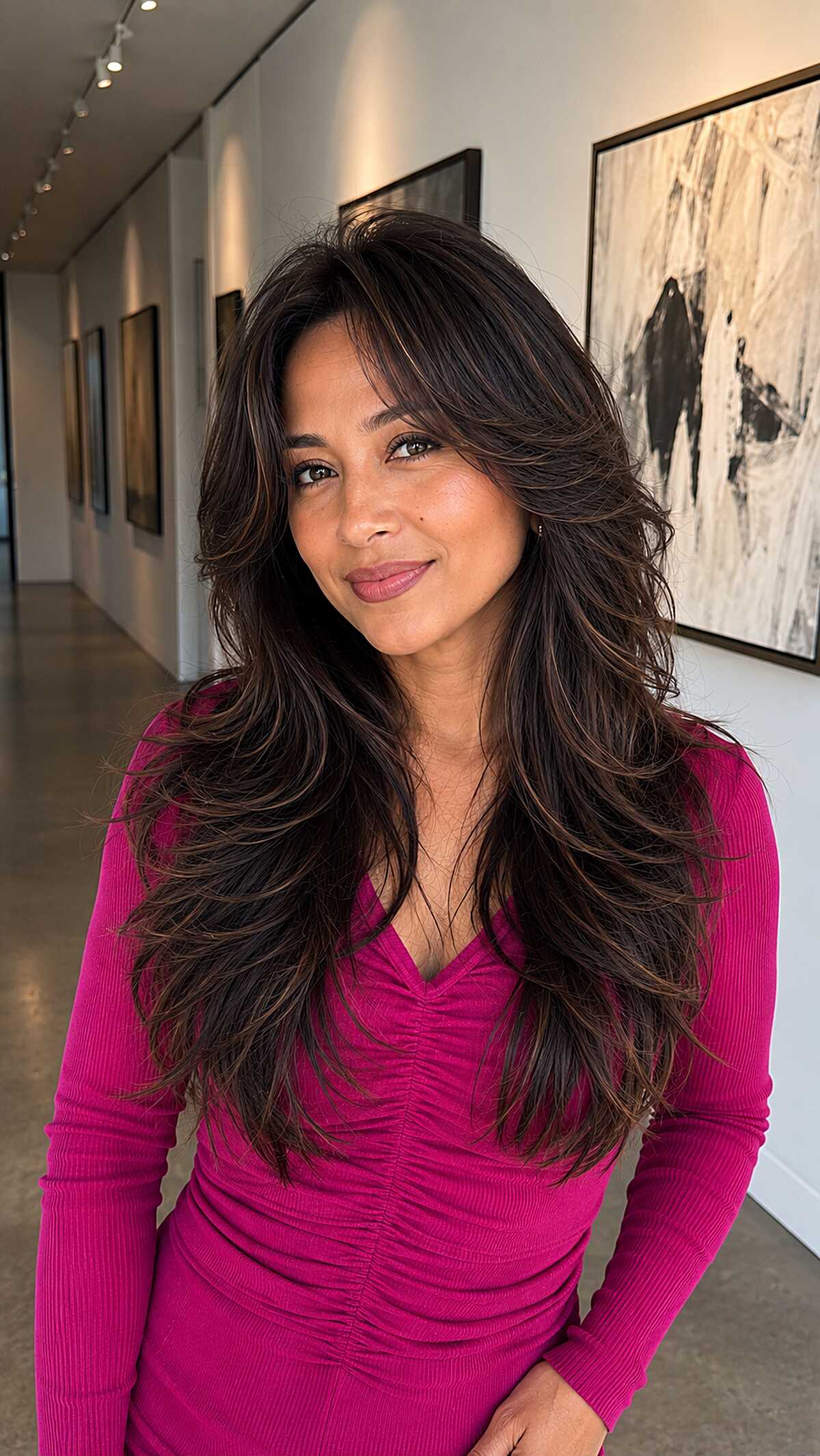 Windswept Brunette Layers with Dramatic Face-Framing Movement
