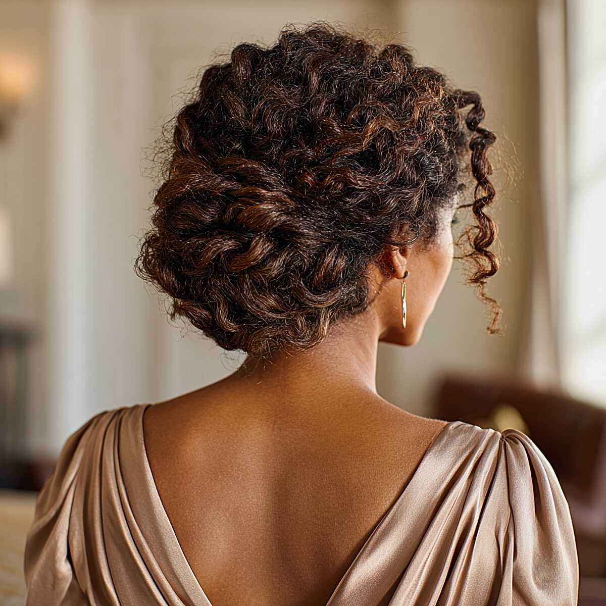 Wrapped Spiral Chignon with Auburn Peekthrough and a Loose Curl at the Ear