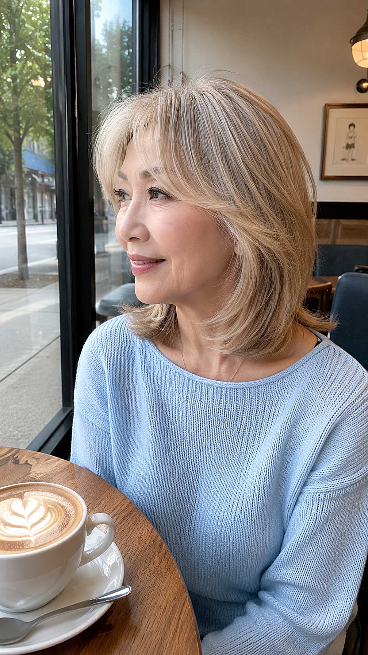 Ash blonde layered lob with soft wispy bangs