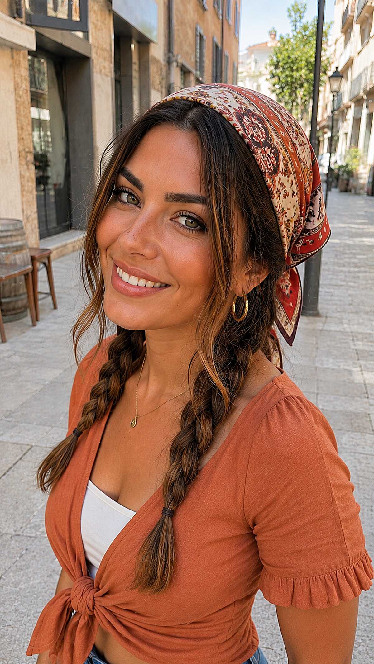 Side braid with printed bandana headscarf and face tendrils