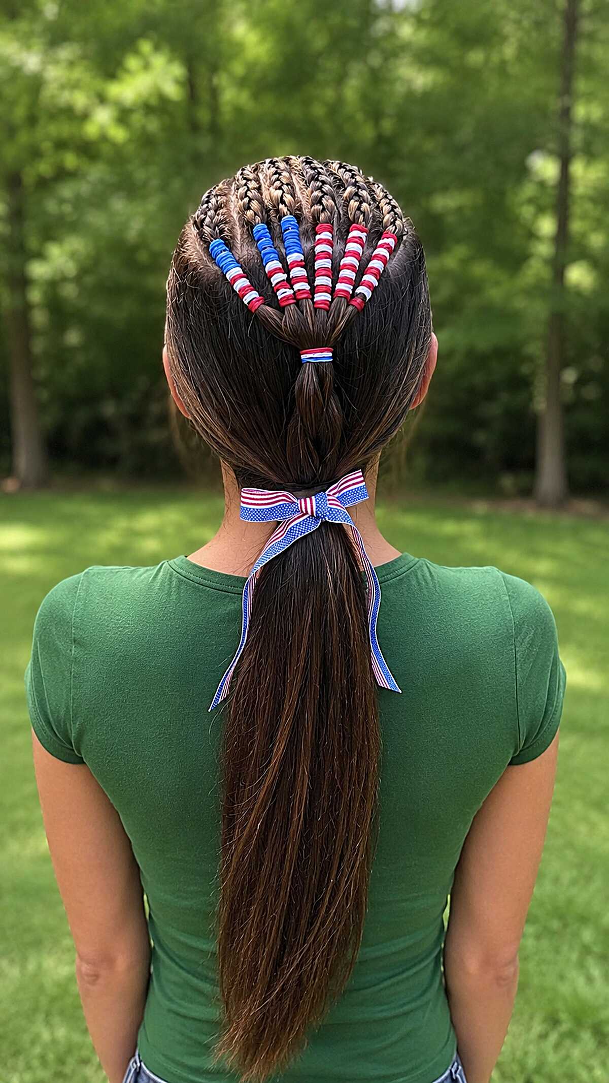 Beaded Cornrow Fan into a Low Patriotic Ponytail