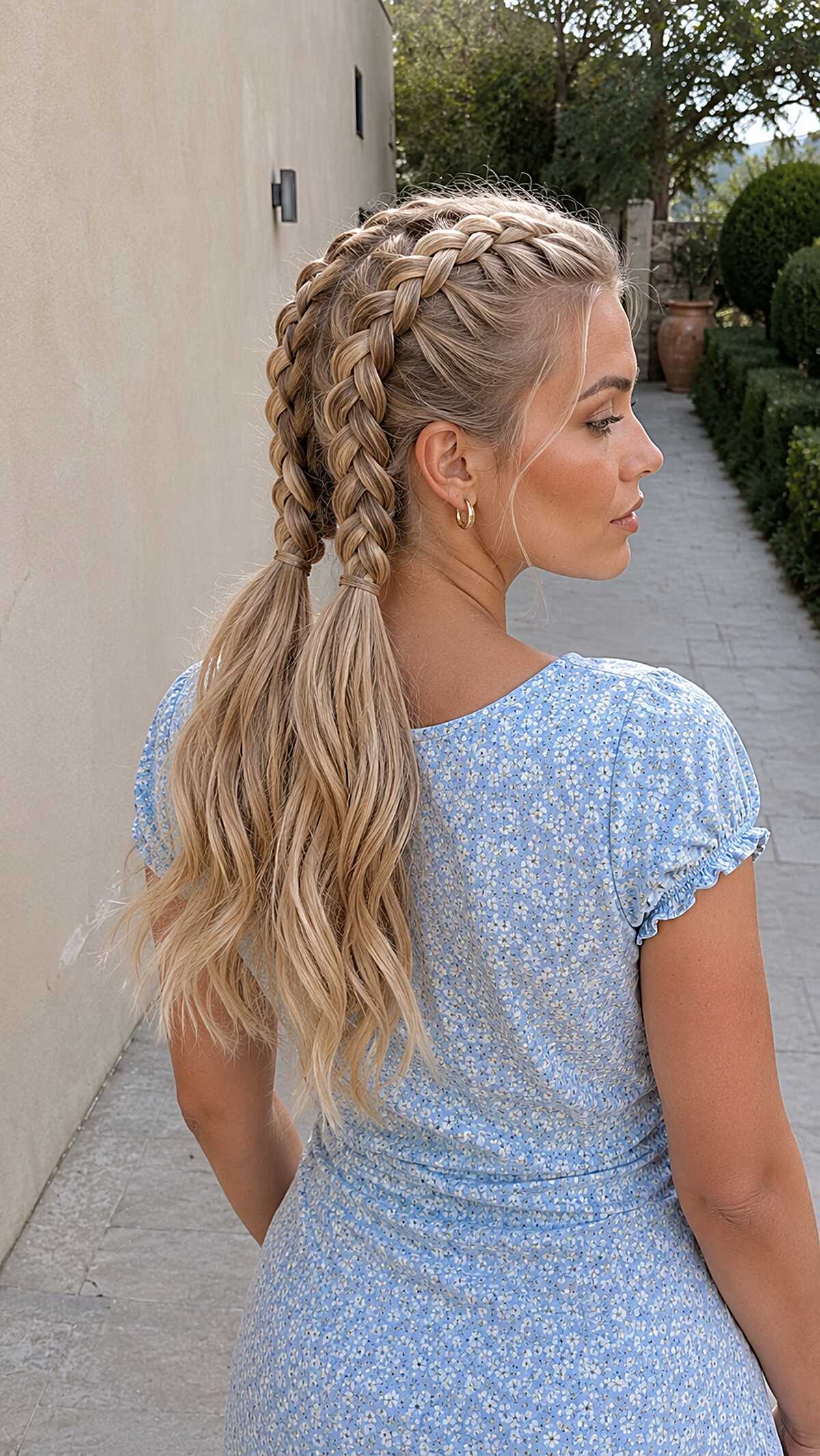 Thick blonde double Dutch braids into wavy ponytail