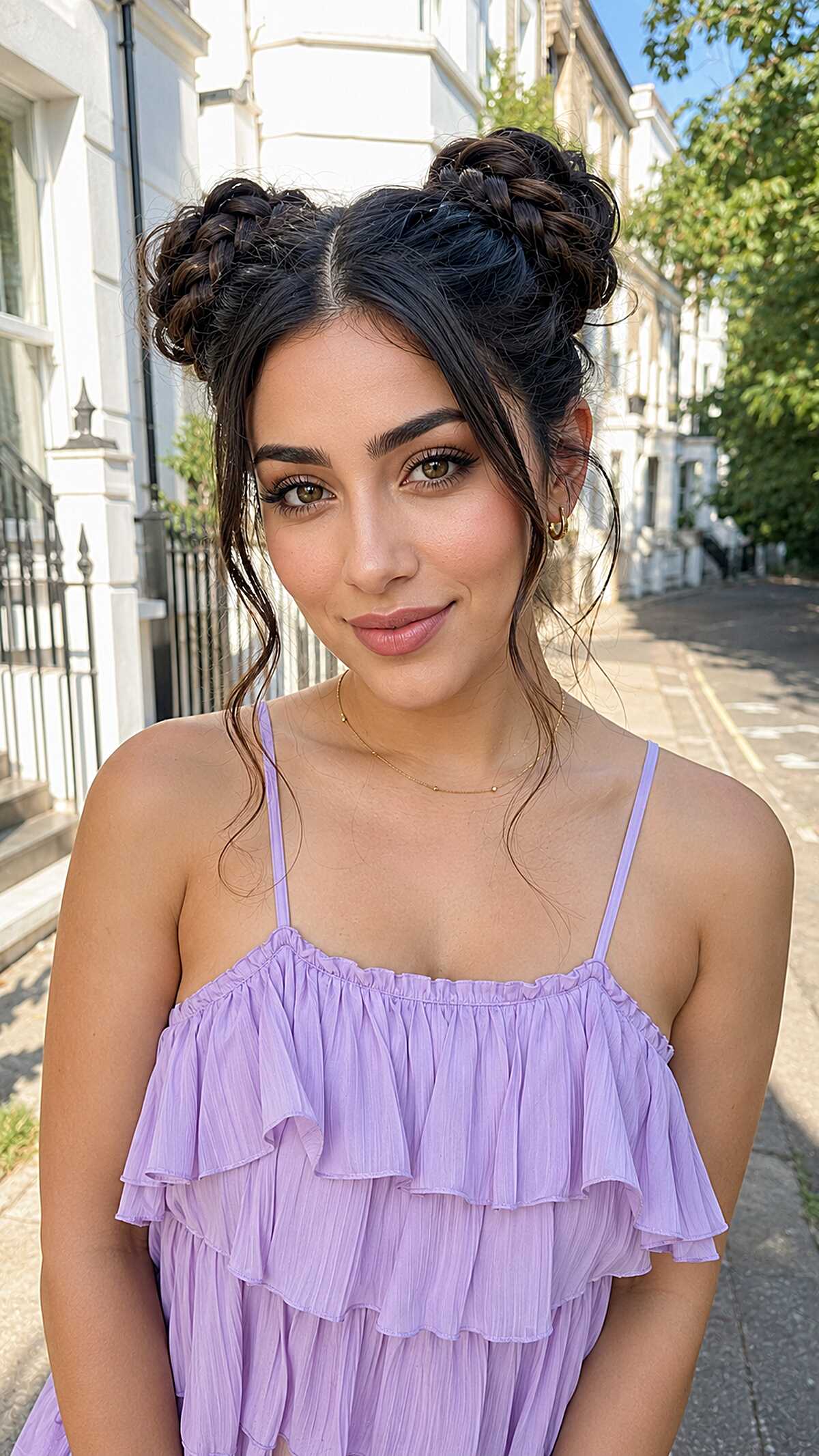 Braided double buns with wispy tendrils on dark hair