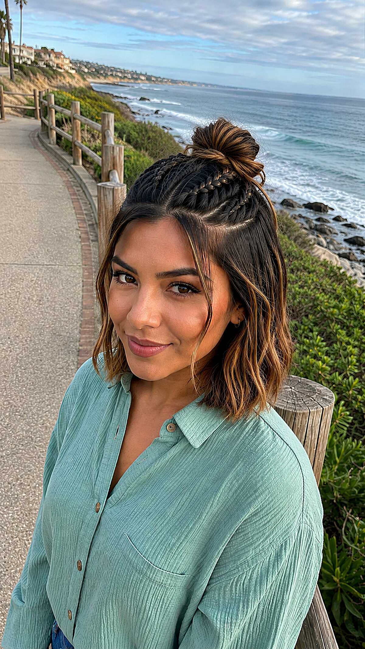 Braided half-up top knot with loose waves on bob length hair