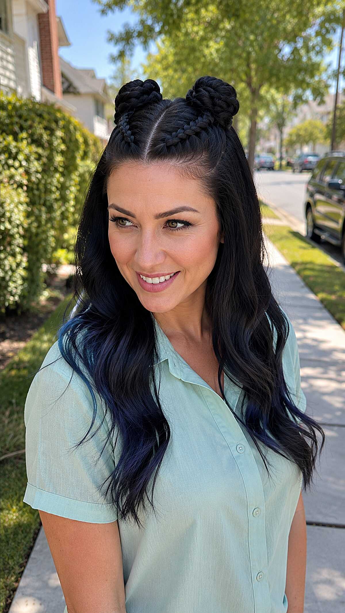 Braided half-up space buns with long black wavy hair down