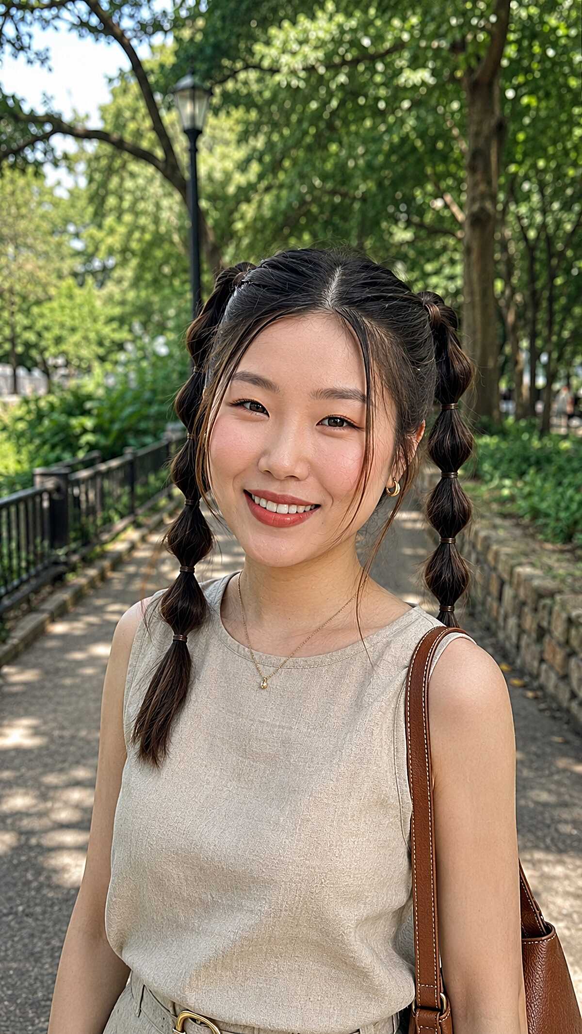 Black bubble braid pigtails with center part outdoors