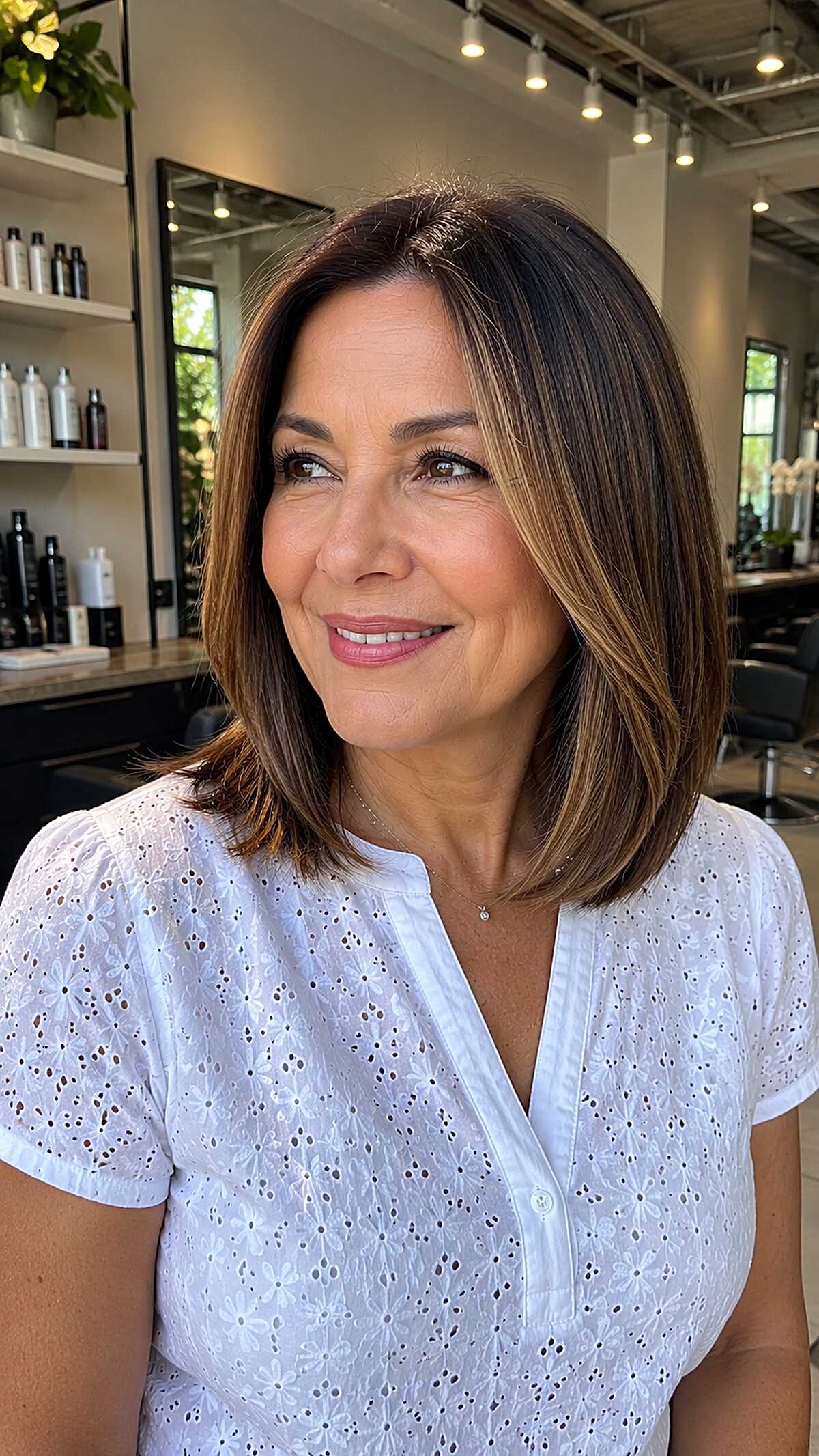 Dark brunette lob with caramel highlights at ends