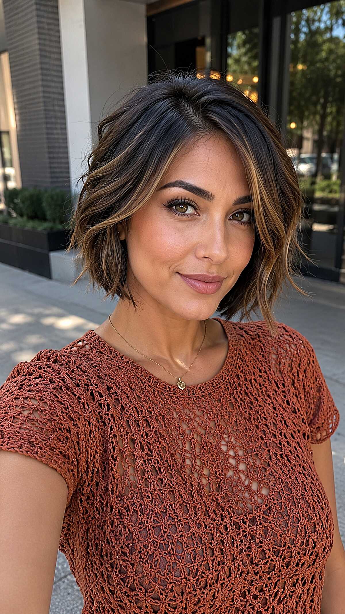 Choppy Chin-Length Textured Bob with Bronzed Balayage