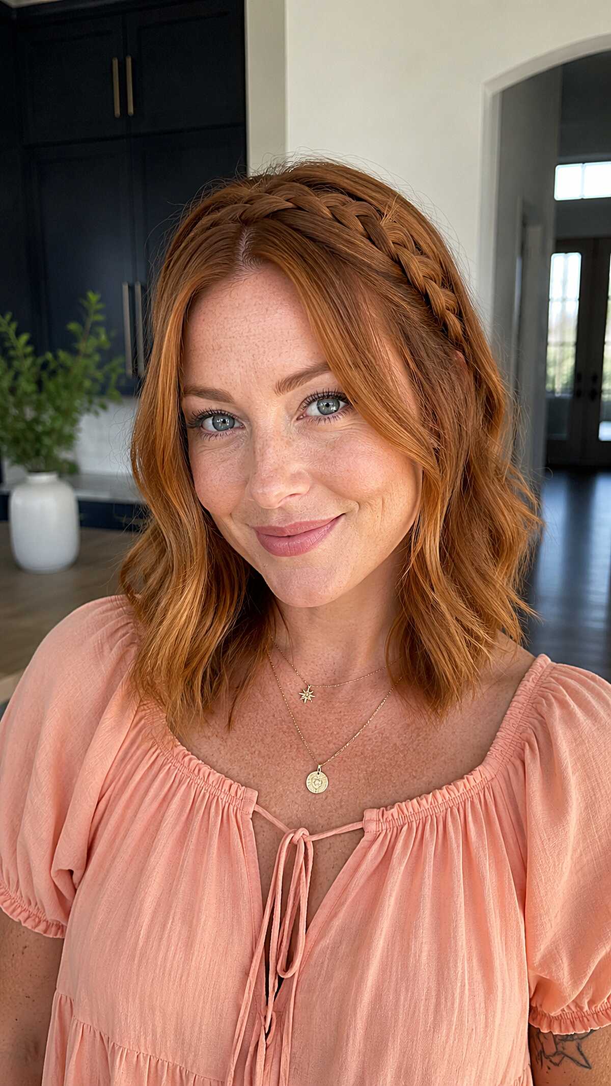 Copper red wavy bob with small braided headband accent