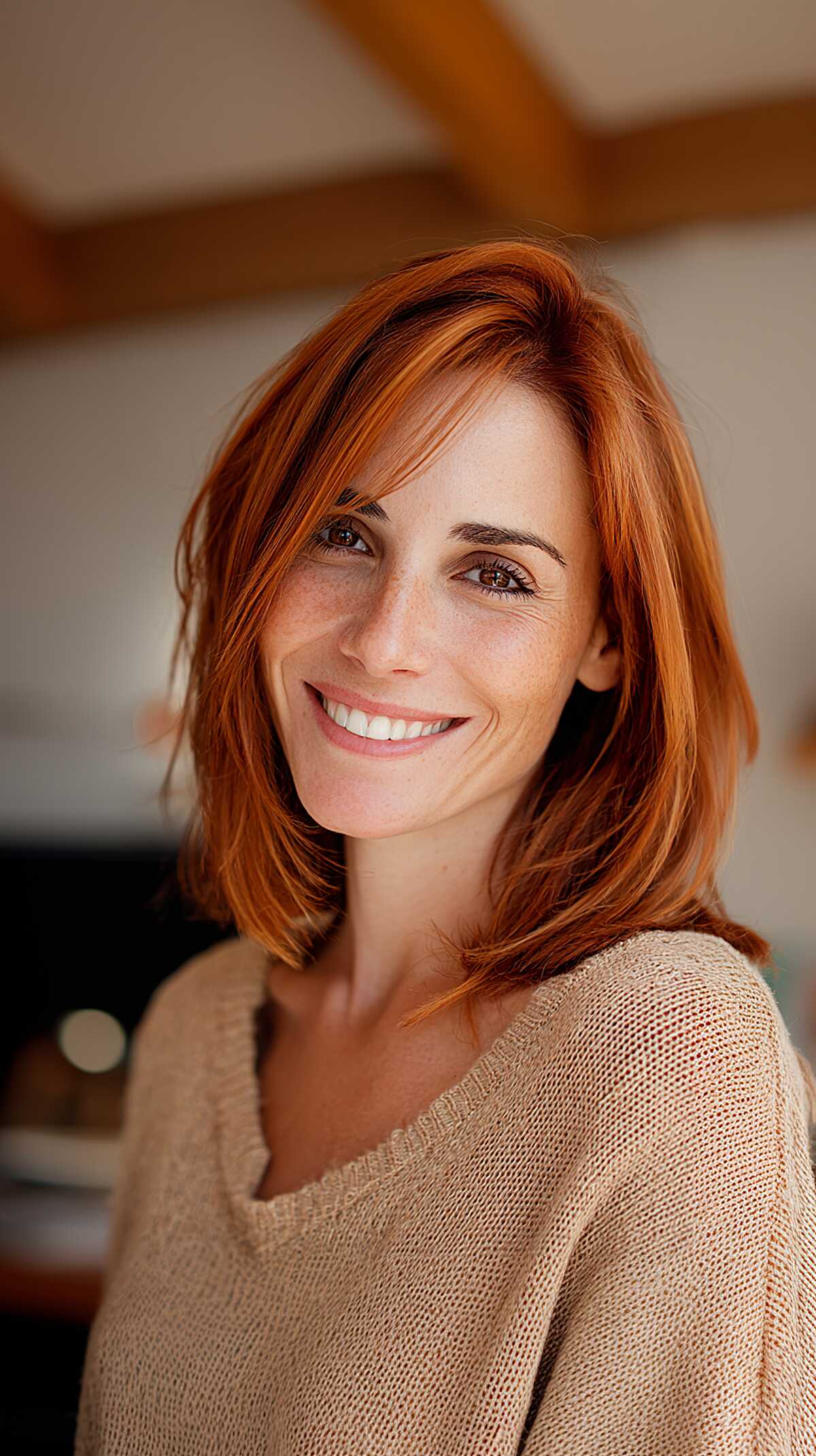 Copper Red Textured Lob with Side-Swept Layers