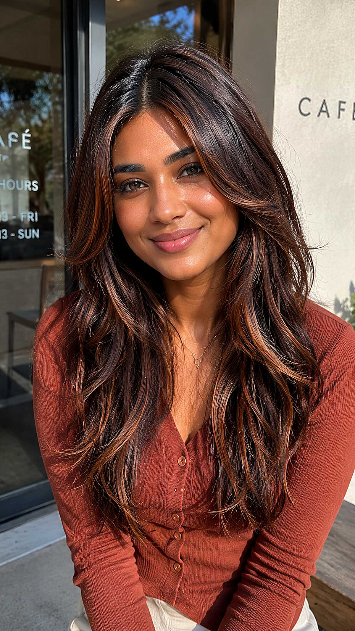 Dark brown wavy hair with thin copper highlights