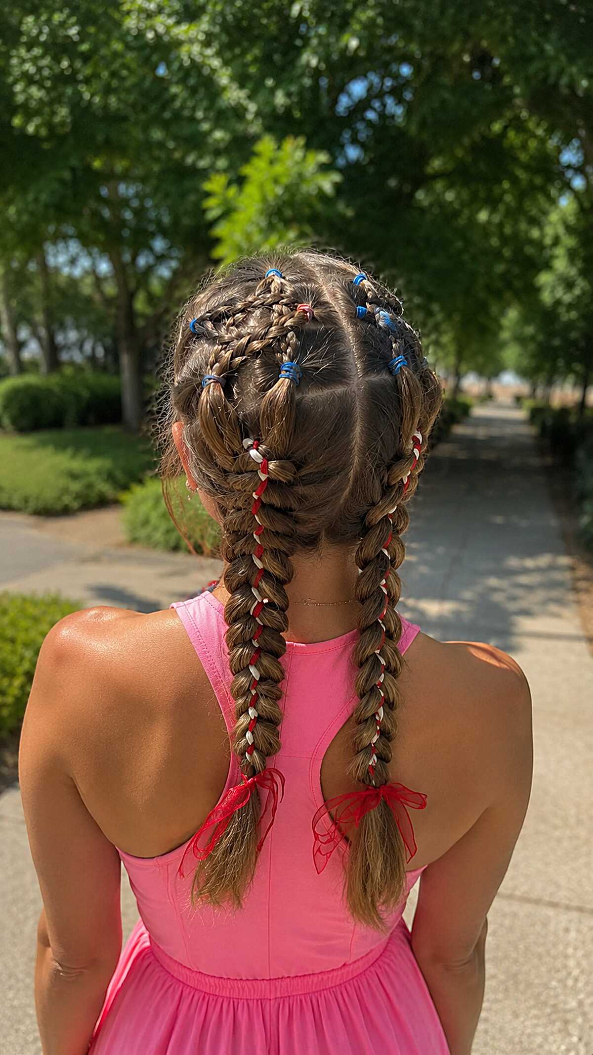 Criss-Cross Rubber Band Grid into Double Patriotic Braids