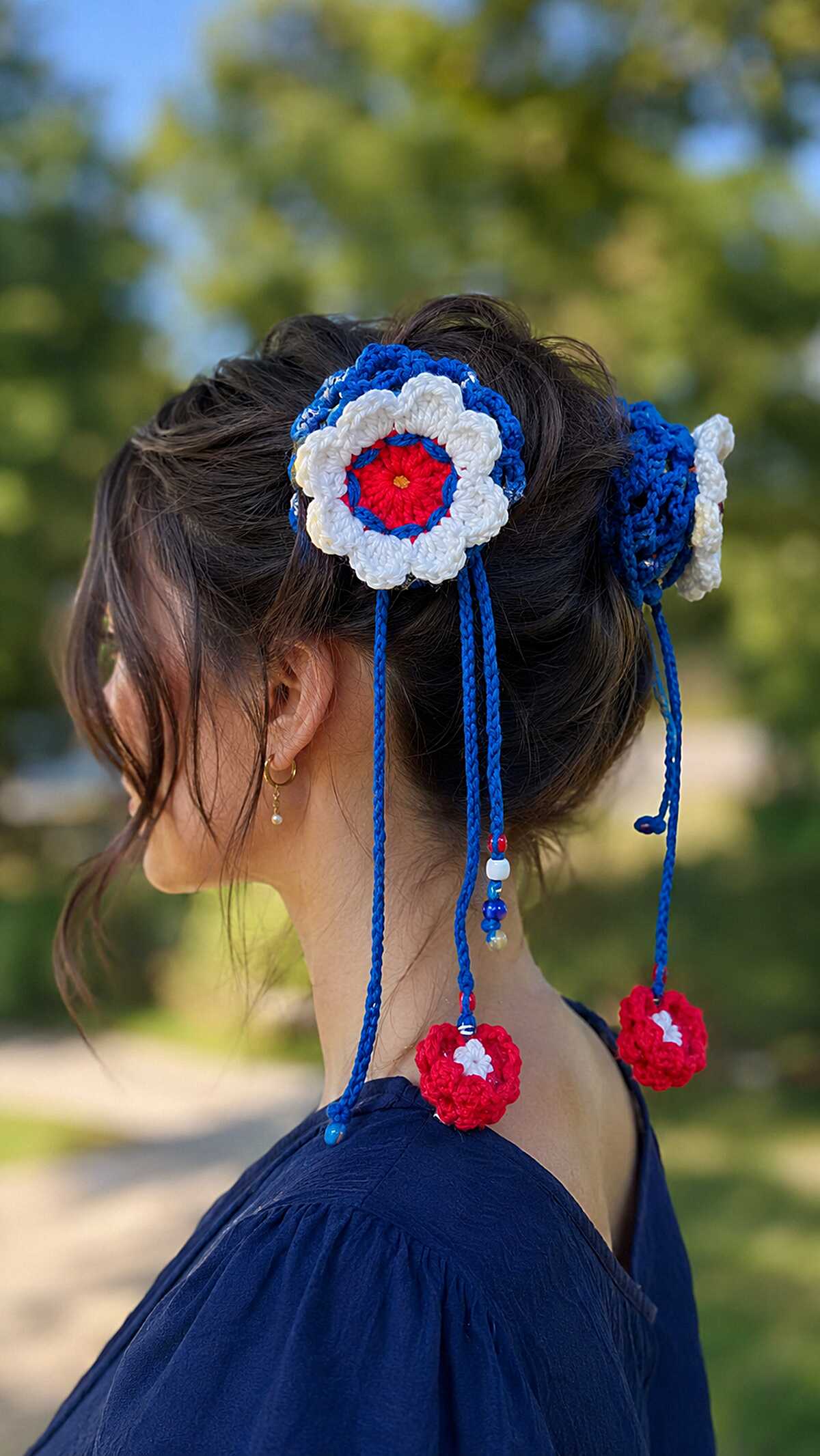 Crochet Flower Bun with Trailing Beaded Tassels