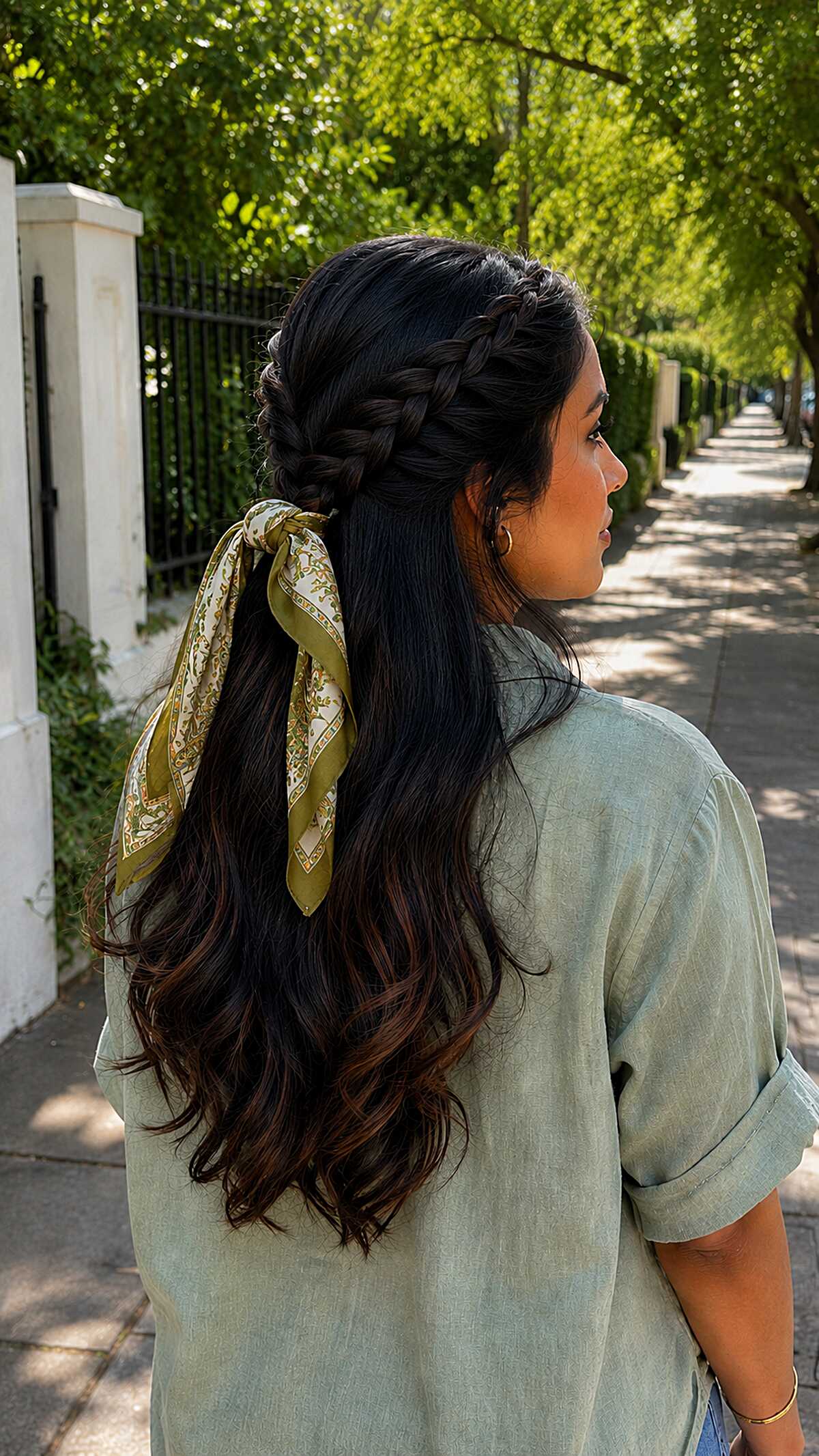 Crown braid half-down style with green silk scarf on black hair
