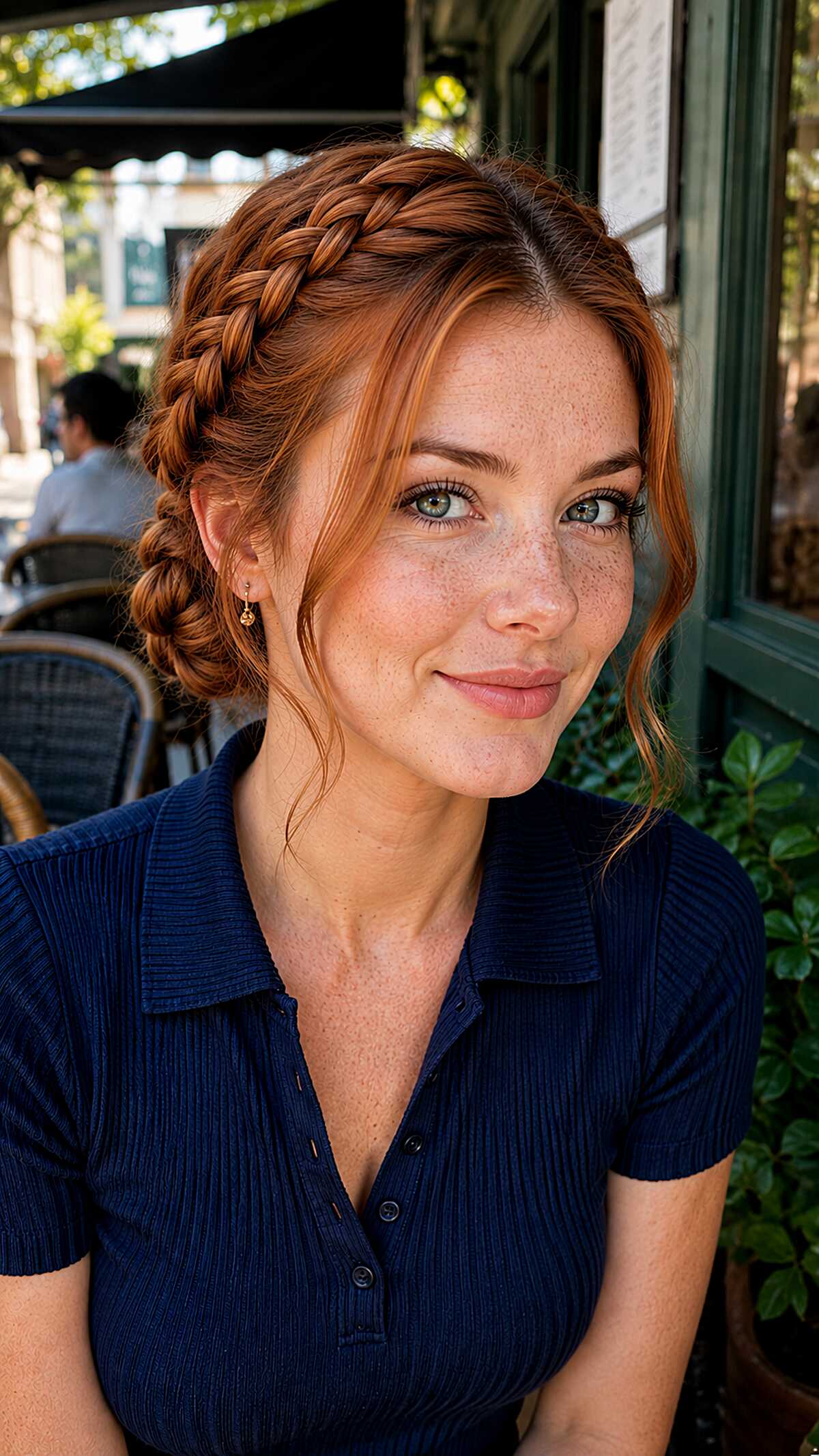 Crown Braid Swept into a Low Braided Bun on Natural Copper Hair