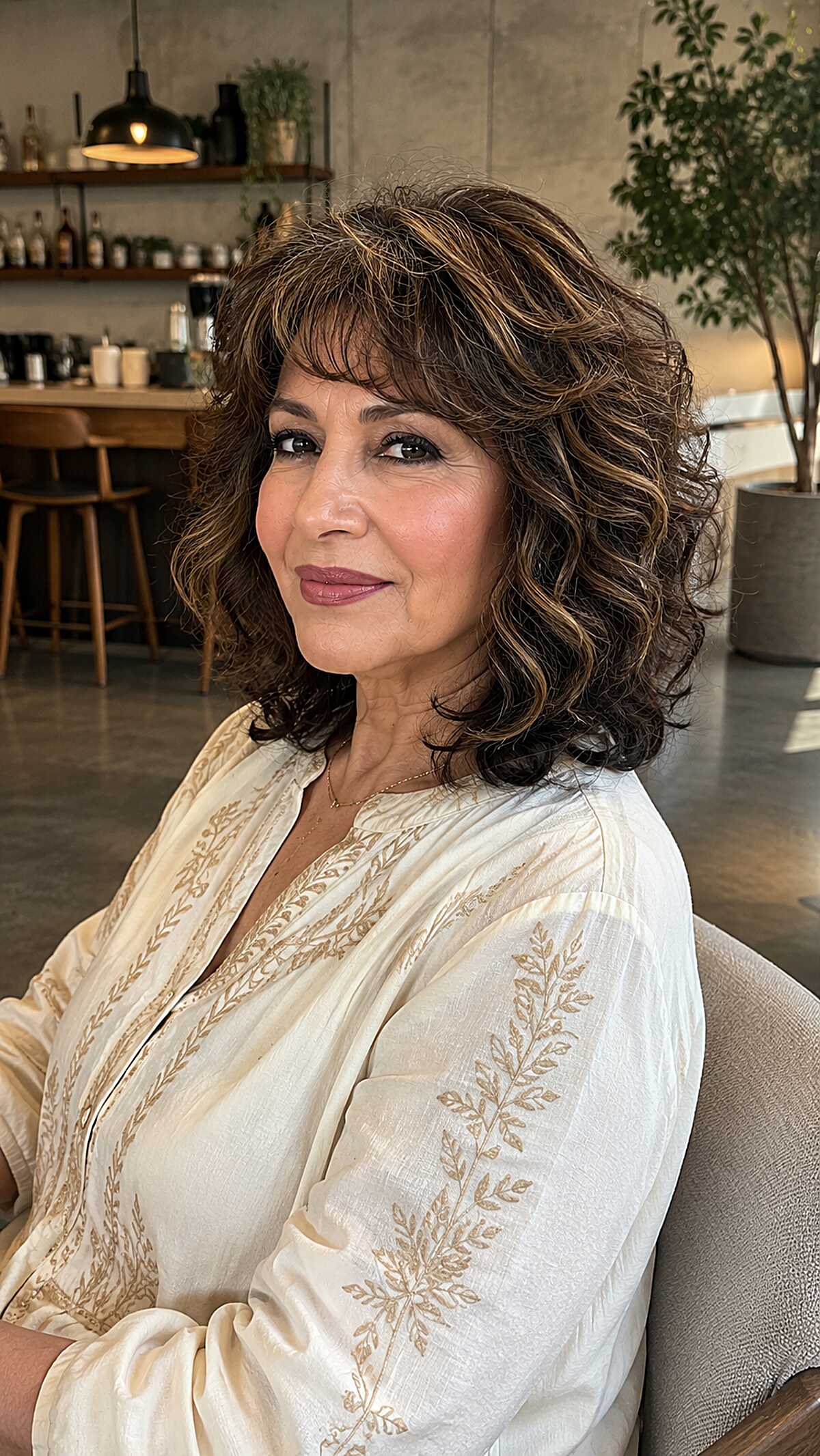 Curly dark bob with caramel highlight ribbons