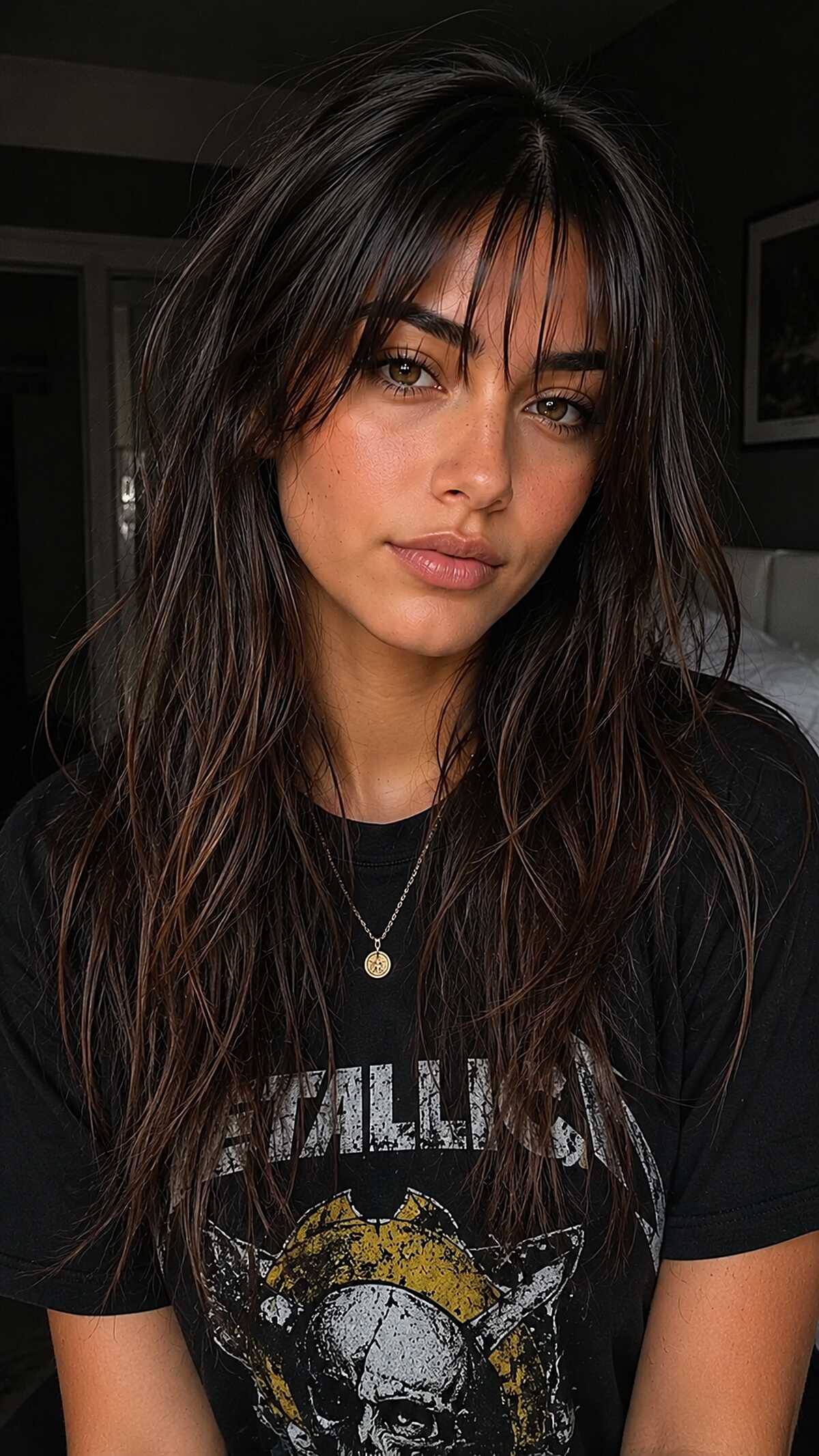 Long dark brunette with wispy bangs and lived-in waves