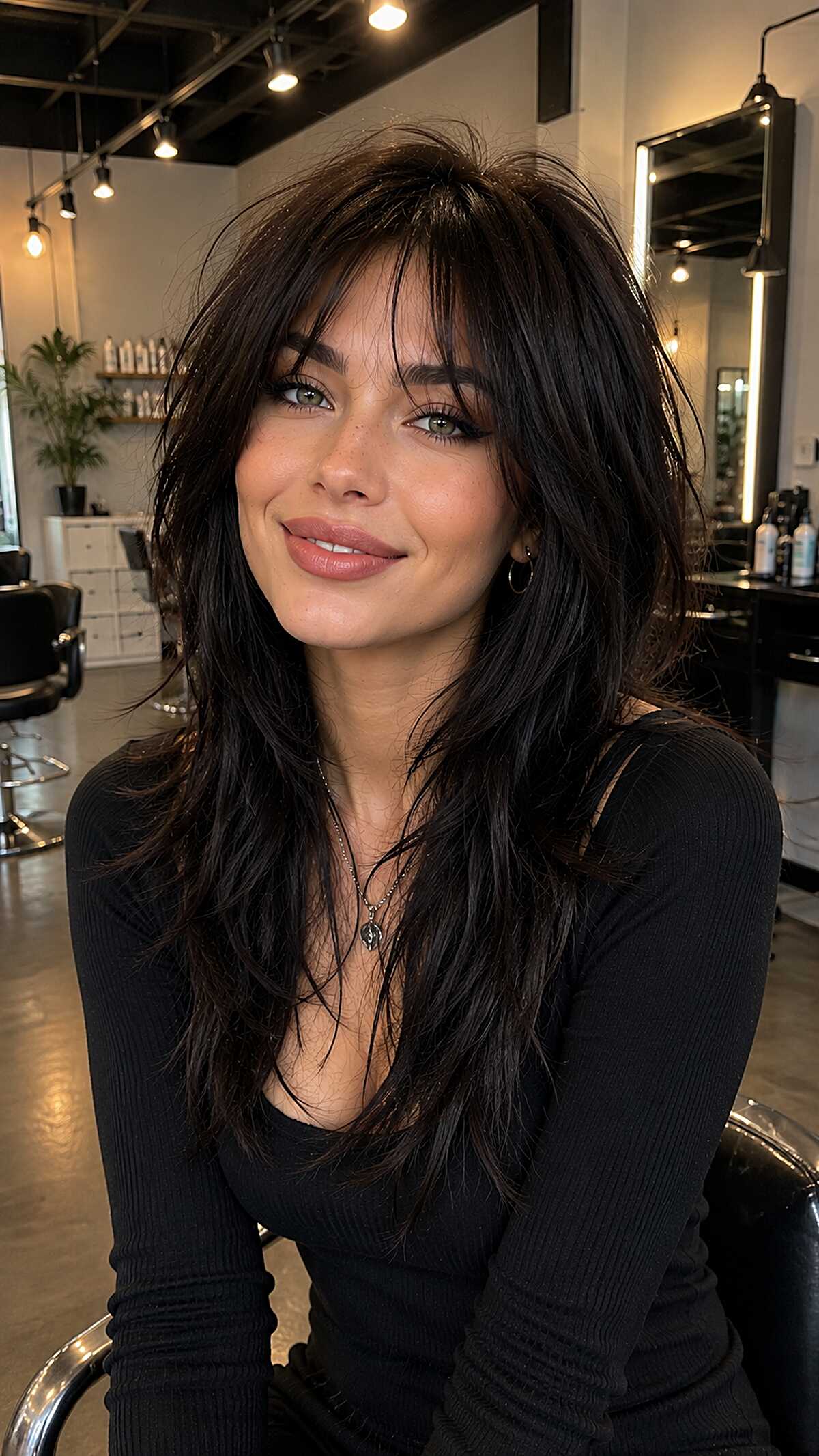 Dark chocolate long shag with piece-y curtain fringe