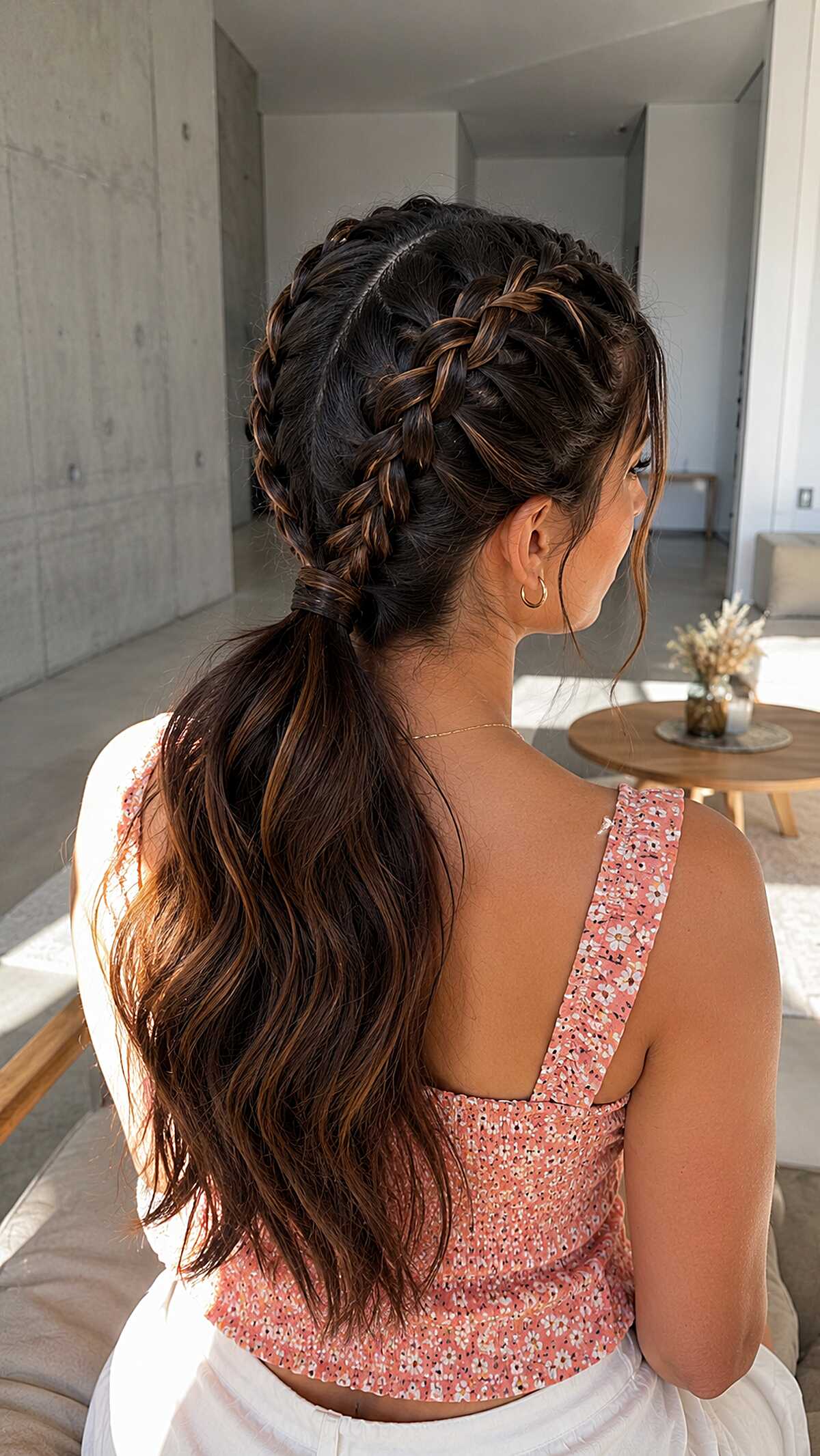 Two Dutch braids flowing into a long wavy low ponytail