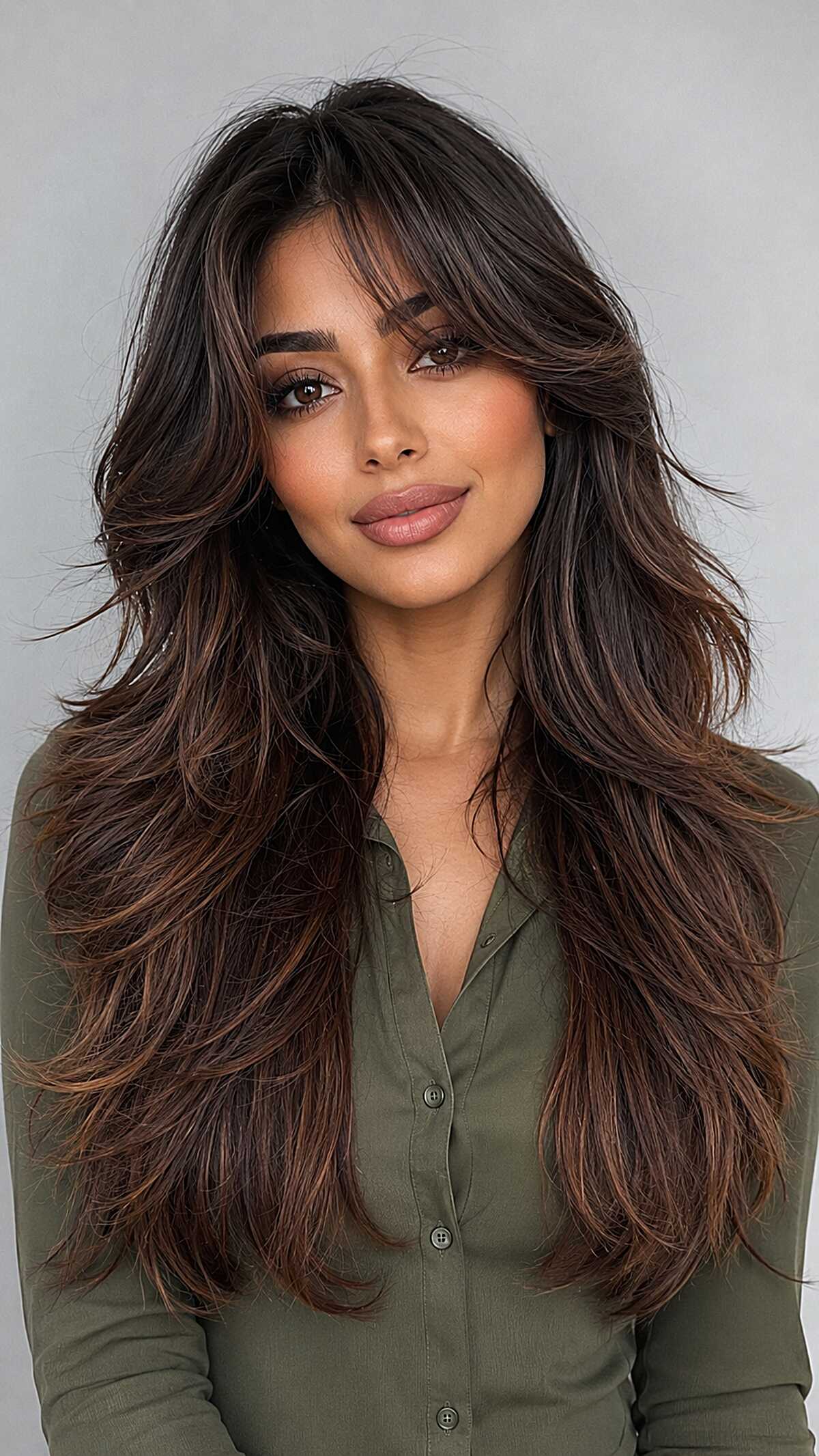Voluminous dark espresso long layers with warm tones
