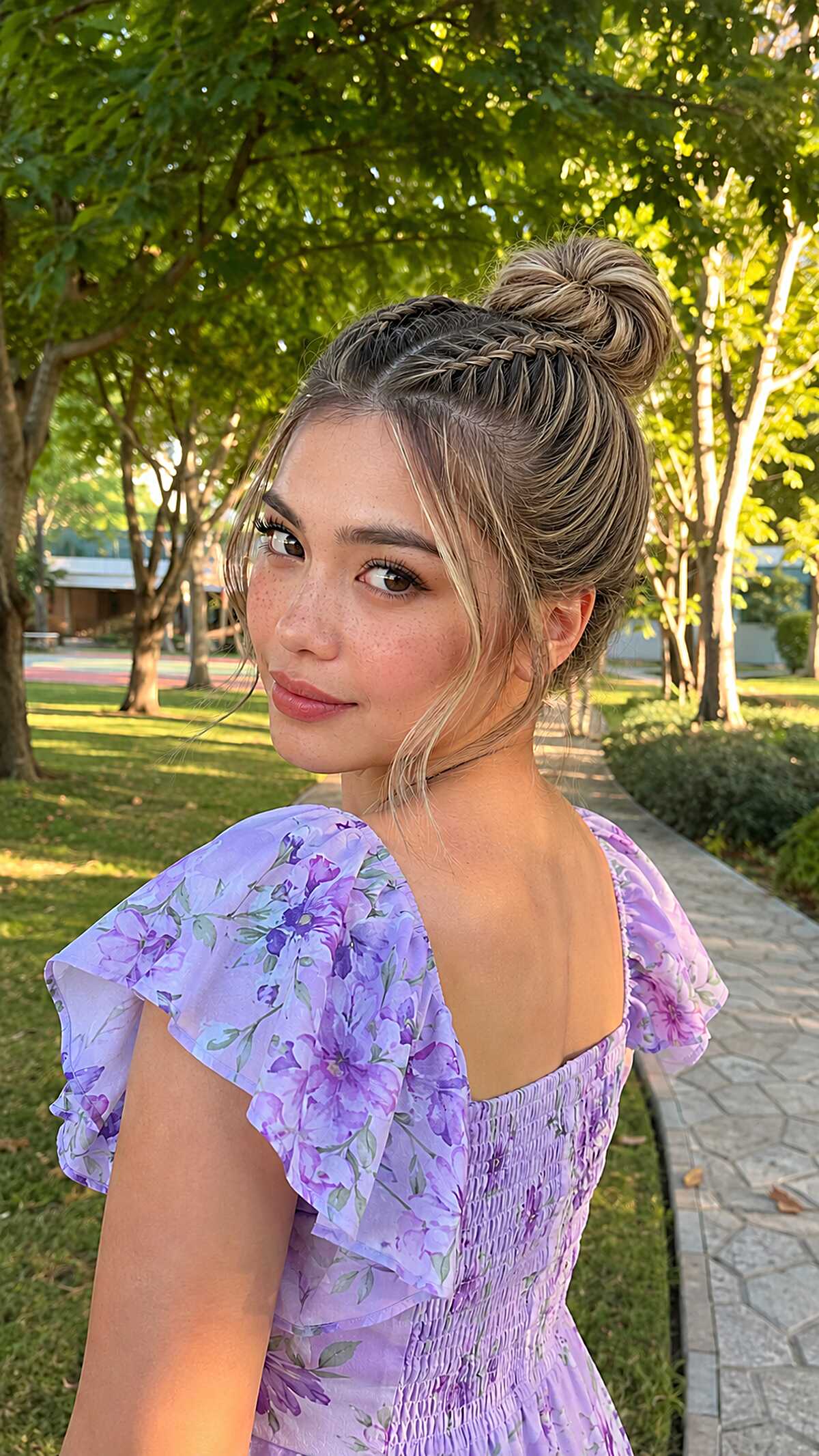 Fishtail braid wrapped into high bun with blonde highlights